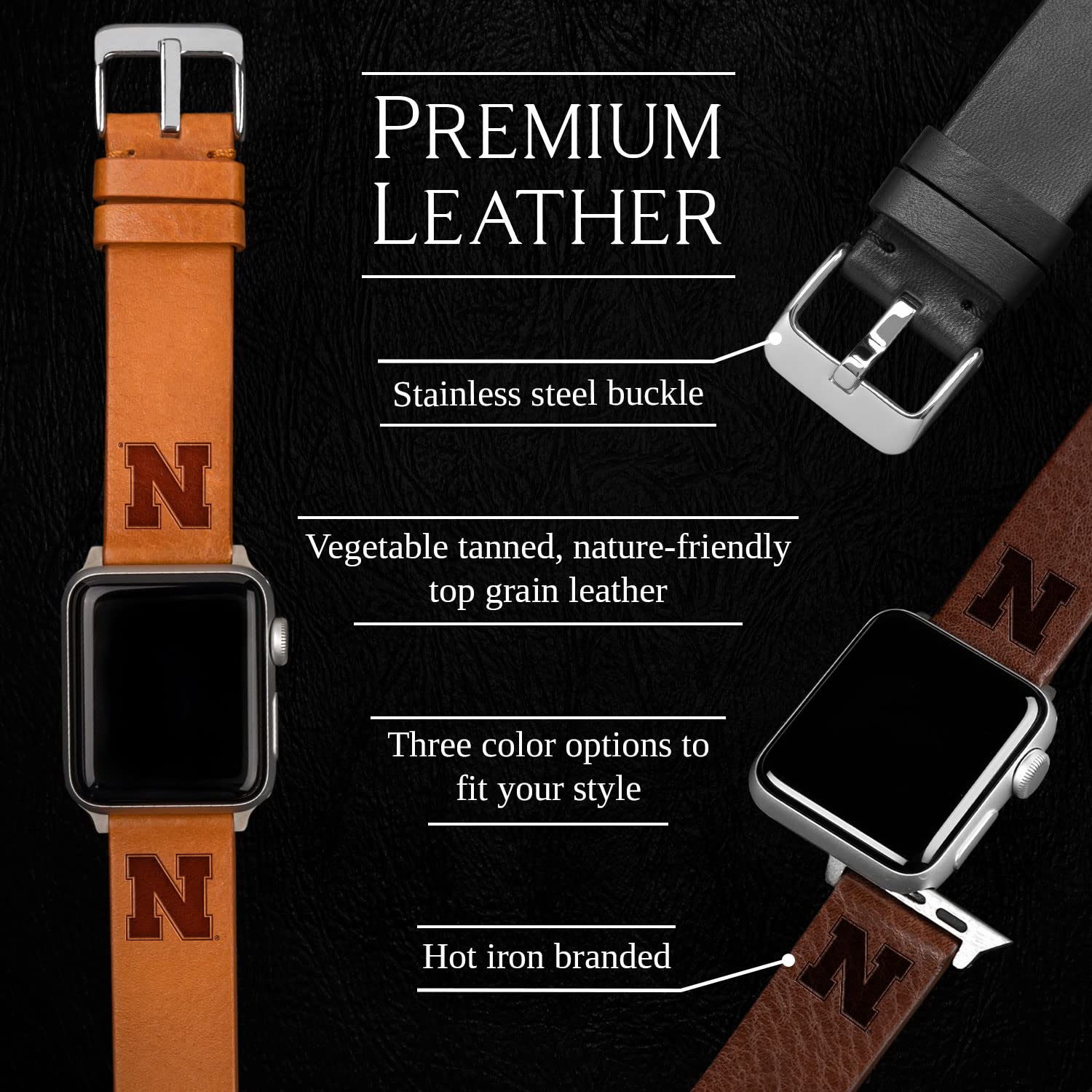 Nebraska Huskers Leather Watch Band for Apple Watch - Durable & Stylish Replacement Strap - Perfect for Game Days, Workouts & Everyday Wear