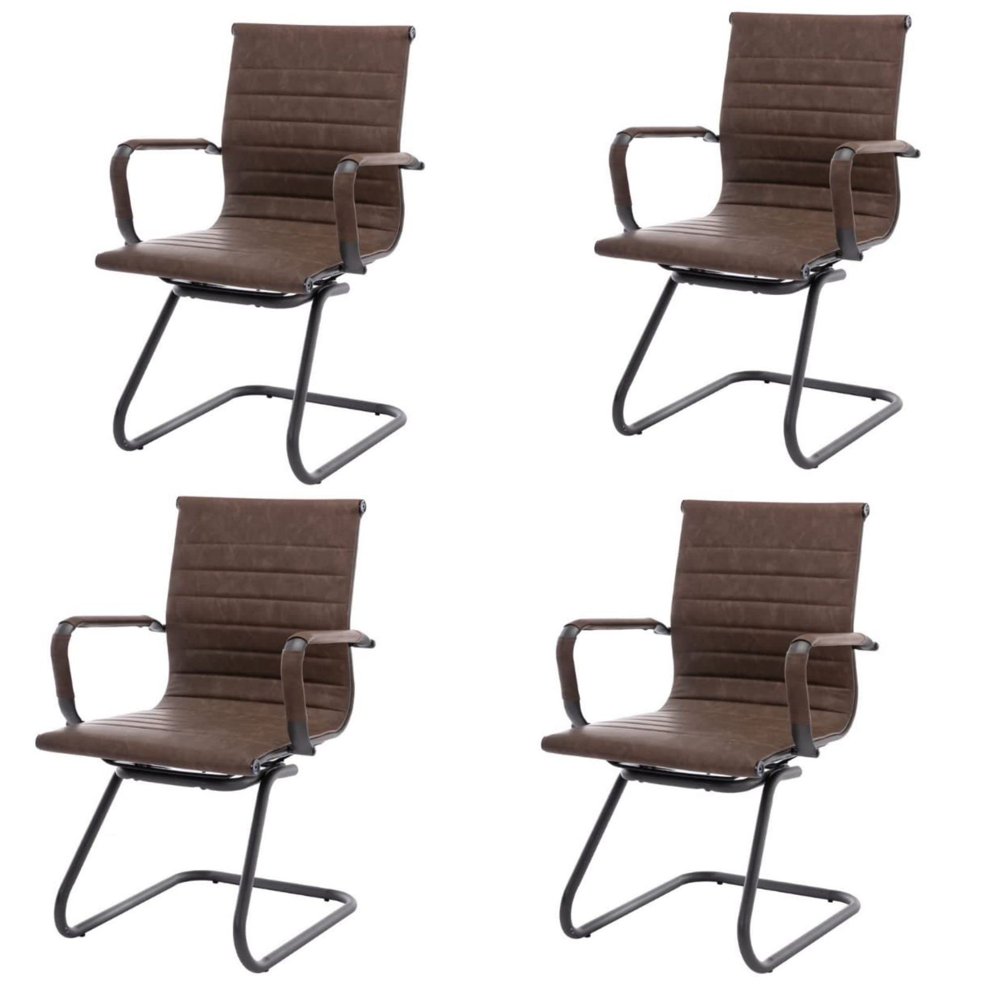 Modern Retro Brown Office Chairs Set of 4 - Heavy Duty 400 lbs Capacity Sled Base Conference Room Chairs - No Wheels Waiting Room Seating for Office, Home, and Business Use