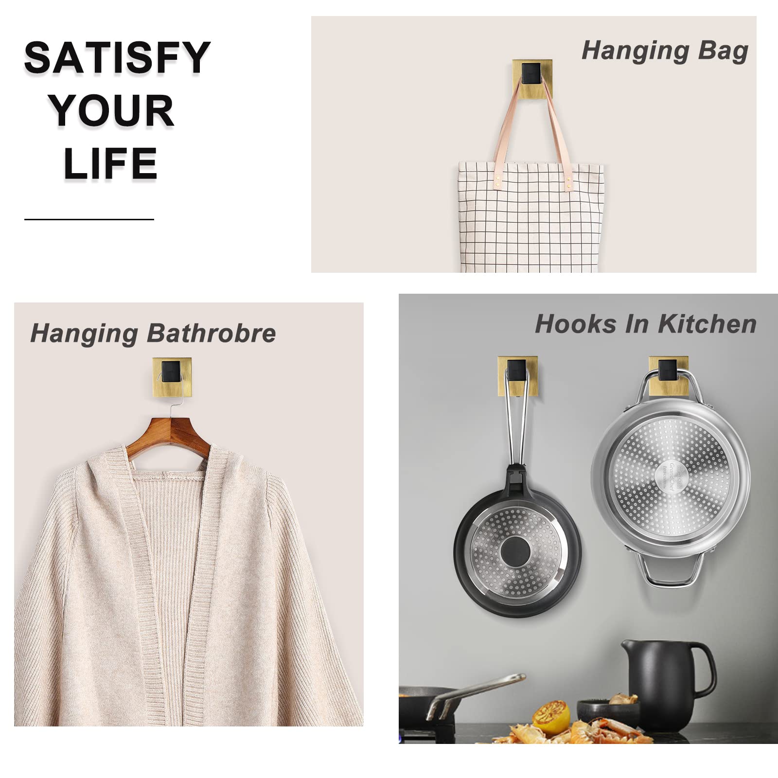 Stainless Steel Black & Gold Wall Mounted Coat Hooks - 2 Pack Square Towel/Robe Hangers for Bathroom, Kitchen, Garage - Durable Home & Office Organization Solution