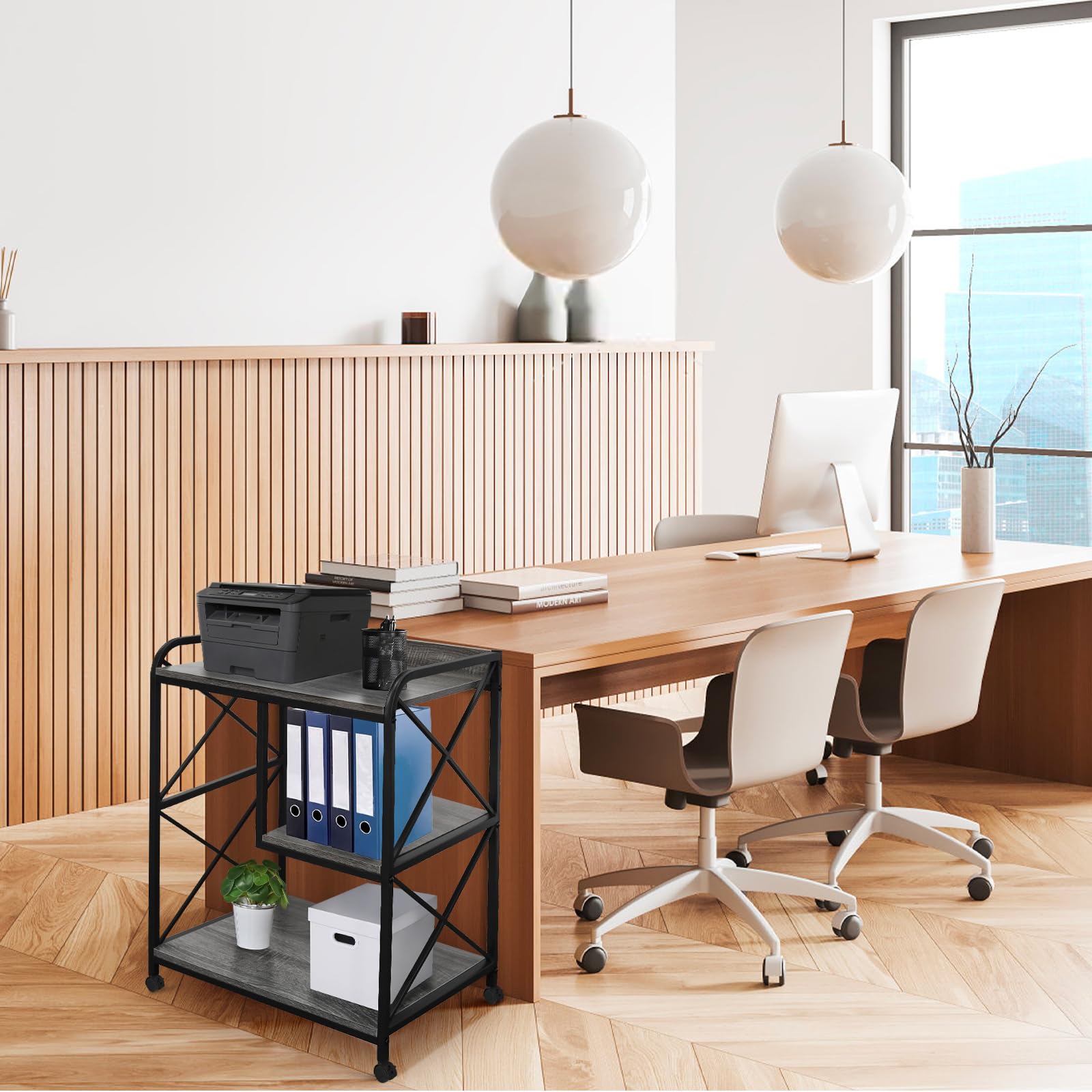 23 x 18 Inch Rolling Printer Stand with Storage Shelf & Power Outlet - Mobile Printer Cart Tower for Home Office, Wheels for Easy Movement - Grey Oak Finish | Perfect for Workspace Organization & Small Office Equipment Storage