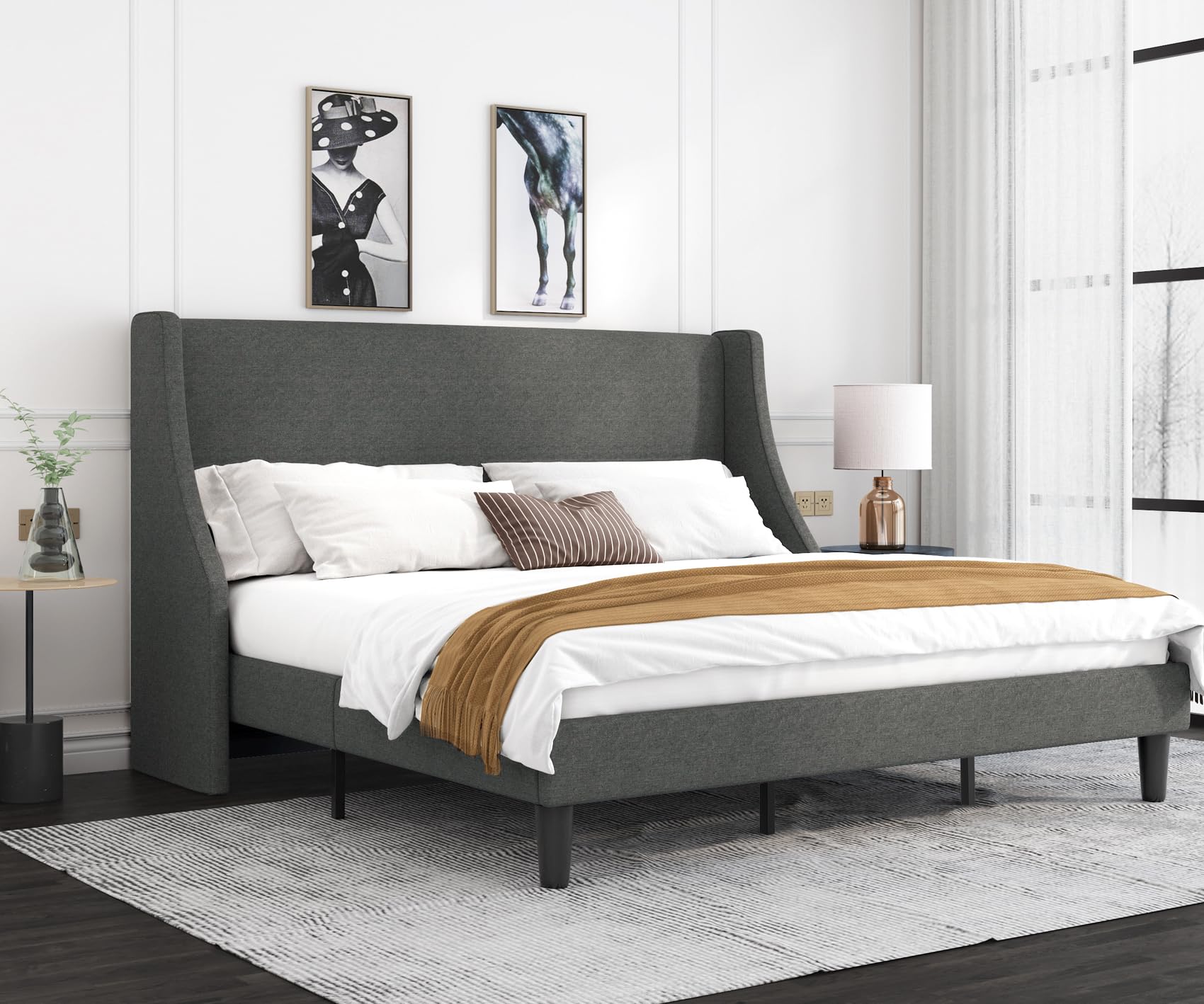 Allewie King Size Platform Bed Frame with Upholstered Headboard - Modern Wingback Design, Wood Slat Support, Dark Grey - Perfect for Master Bedroom & Guest Room Decor