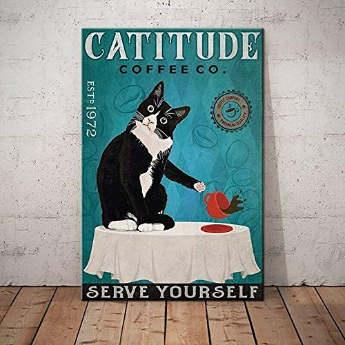 Vintage Tuxedo Cat Coffee Tin Sign - 8x12 Inch Retro Wall Art for Valentine's Day, Kitchen Decor & Unique Gifts for Women - Perfect for Coffee Shops, Home Decor & Cat Lover Gifts