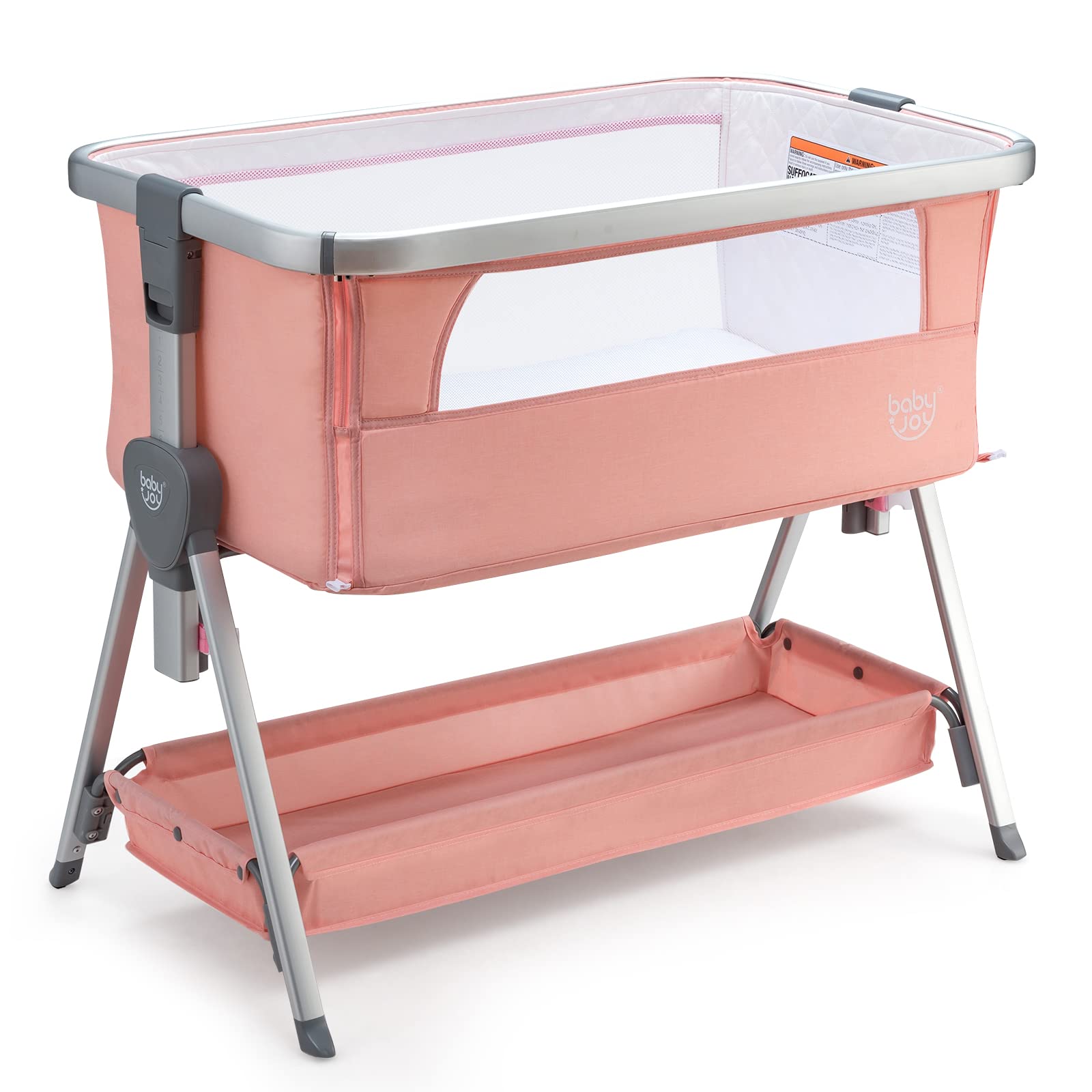 **BABY JOY Portable Bedside Bassinet for Newborns - Adjustable Height, Breathable Mesh, Wheels & Storage - Baby Crib with Mattress for Nursery, Travel & Home Use - Pink**