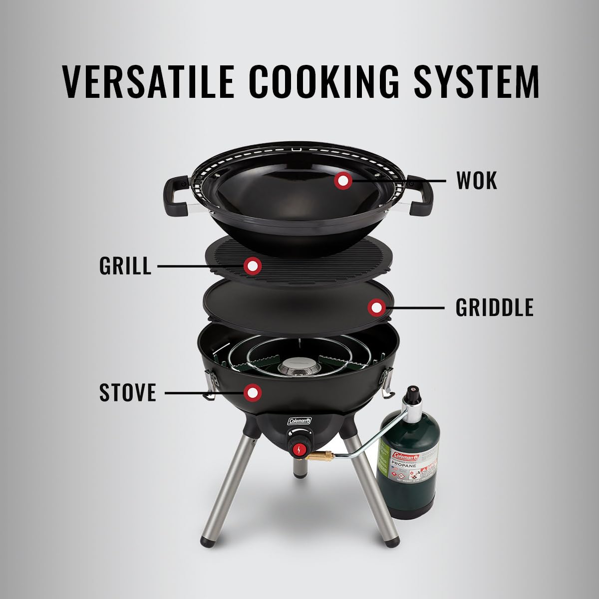Coleman 4-in-1 Portable Propane Camping Stove with Wok, Griddle & Grill - 7000 BTU InstaStart Ignition & Grease Tray - Perfect for Outdoor Camping, Tailgating, Backyard BBQs & Picnics