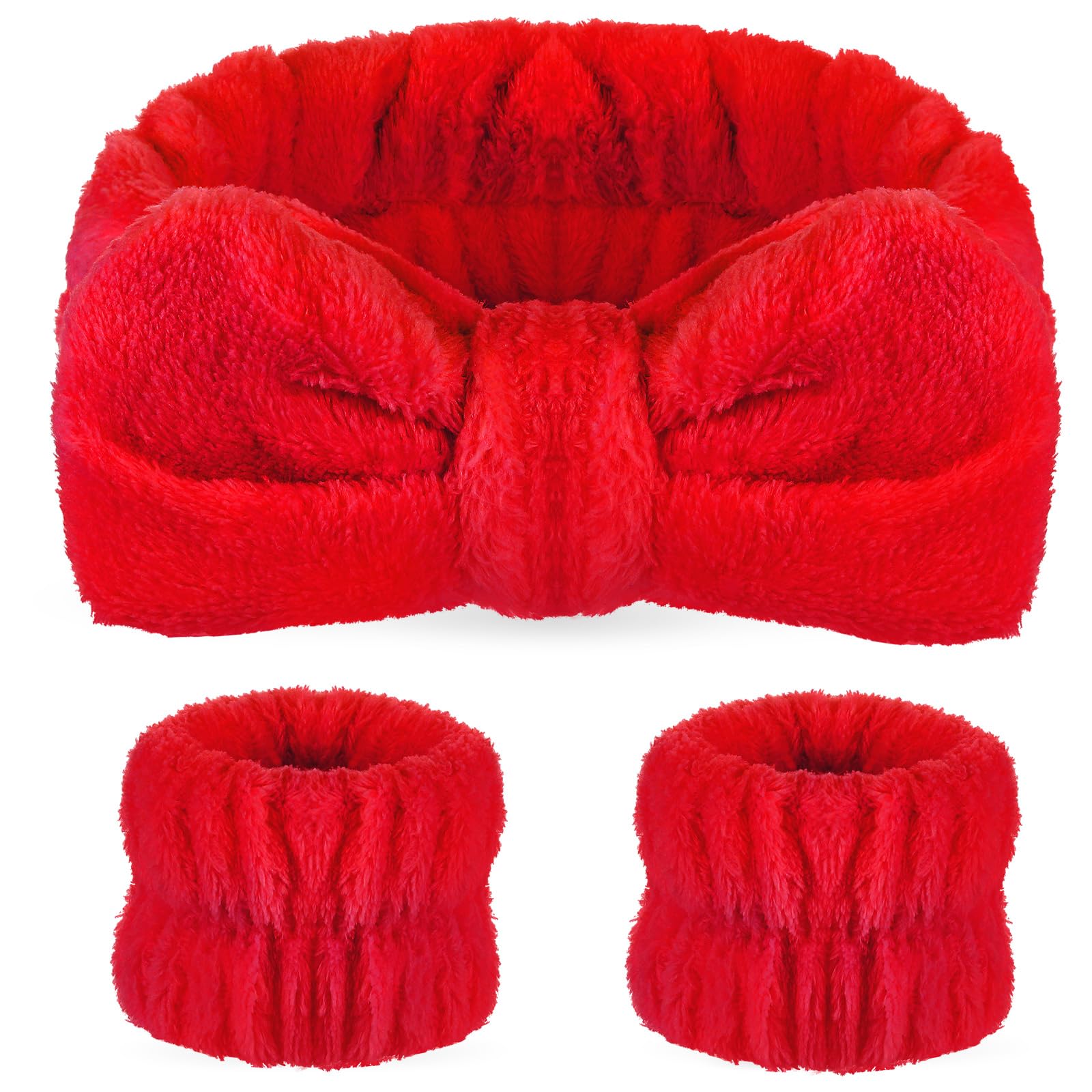 Hanaive 3-Piece Soft Spa Headband & Wristband Set for Women - Gentle Makeup & Face Wash Accessories, Skincare Towel Headband with Bow (Red) - Perfect for Facial Cleansing, Hair Care & Relaxing Spa Days at Home