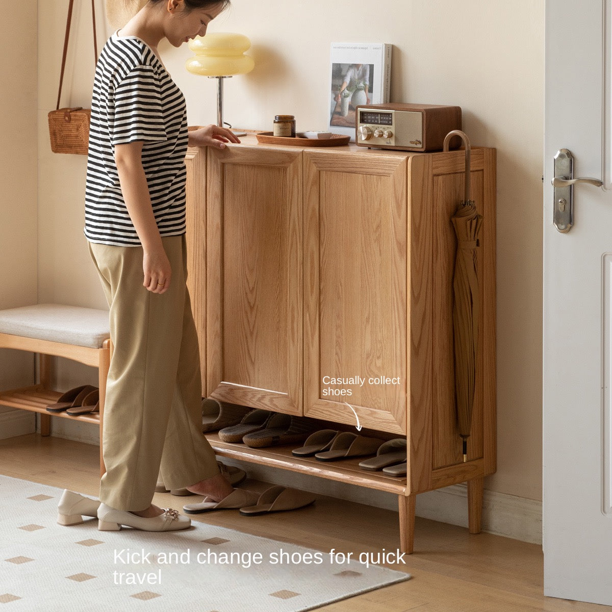 Solid Oak Wood Shoe Storage Cabinet with Bench - Entryway Shoe Organizer for Hallway, Living Room & Bedroom - Perfect for Changing Shoes & Organizing Footwear