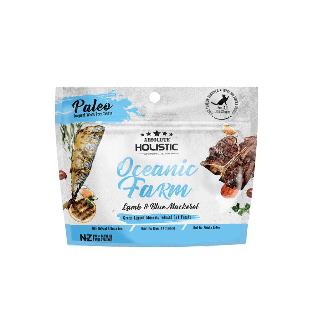 Absolute Holistic Air Dried Cat Treats - Oceanic Farm Blue Mackerel & Lamb Recipe - 50g Natural Protein Snacks for Indoor & Outdoor Cats - Perfect for Training Rewards and Daily Treats