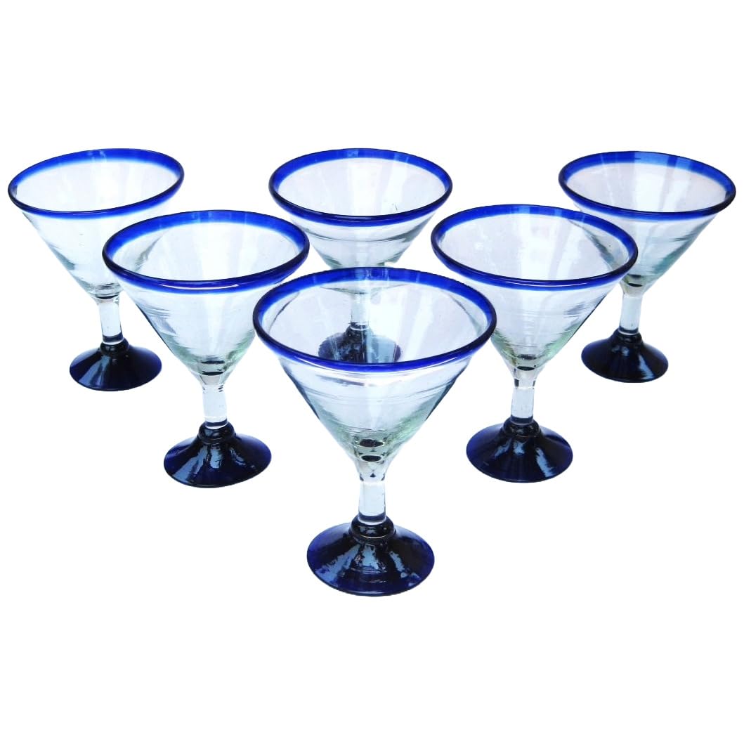 Premium Cobalt Blue Rim 10 oz Martini Glasses Set of 6 - Recycled Lead-Free & Toxin-Free Glassware for Cocktails, Parties & Home Bar Decor