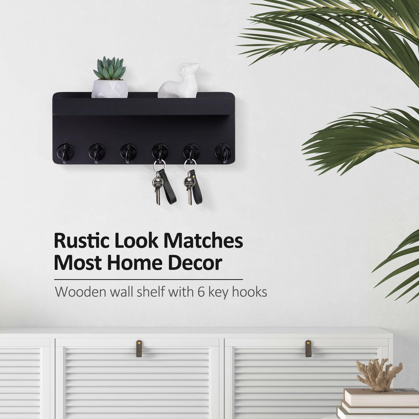 12.9 Inch Wooden Wall Key Holder with 6 Hooks & Display Shelf - Entryway Organizer for Keys, Mail & Small Items - Perfect for Living Room, Kitchen, Hallway & Office (Black)