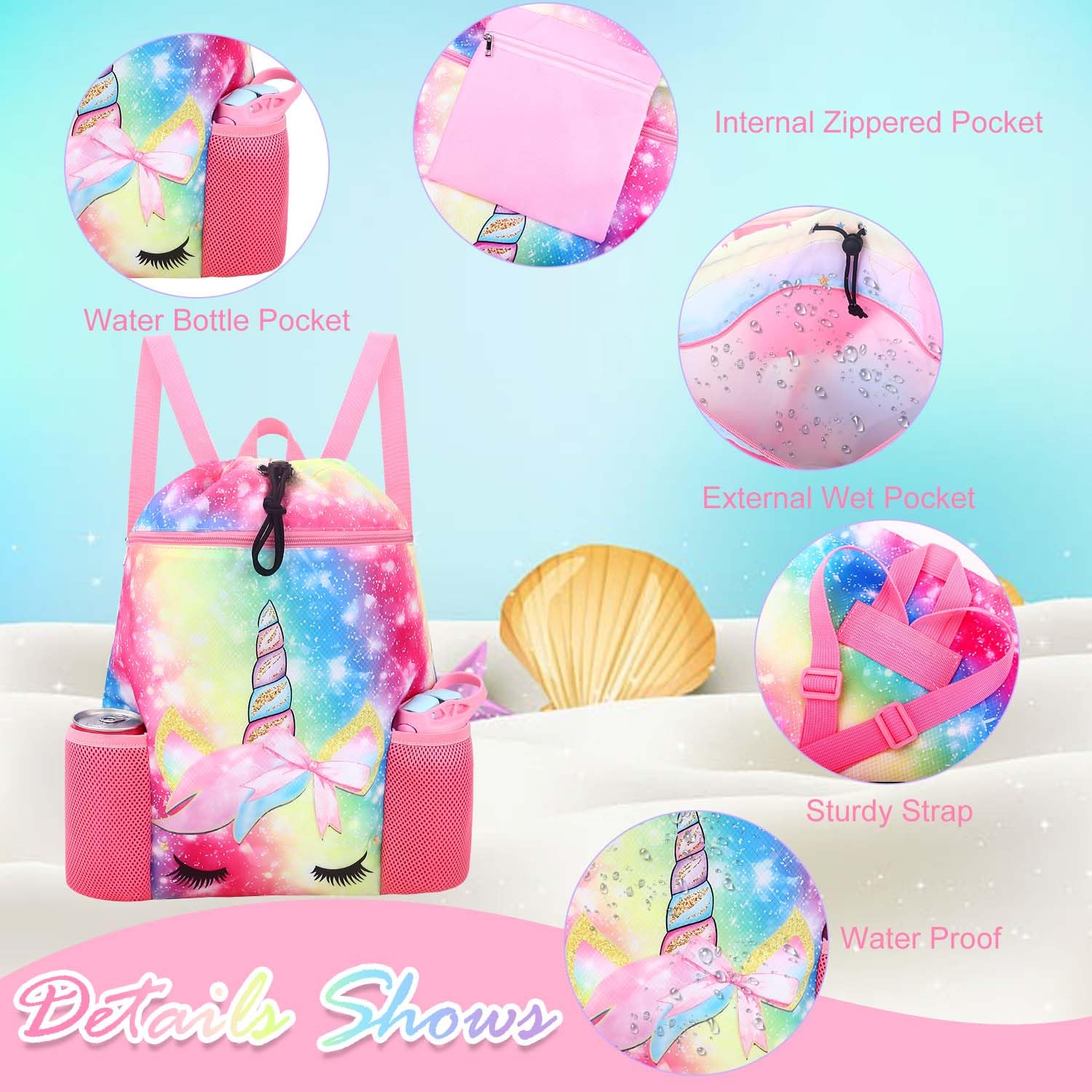 RHCPFOVR Unicorn Drawstring Backpack for Kids - Waterproof Lightweight Sports Gym Bag for Girls with 2 Bottle Holders | Perfect for Beach, Pool, School & Travel