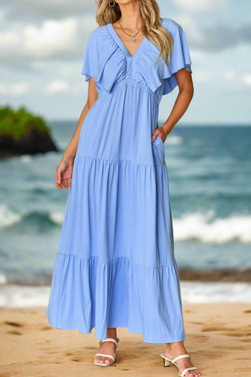 Elegant Blue Ruffled Flutter Sleeve Maxi Dress for Women | Beach Vacation & Summer Party Wear | Perfect for Resorts, Weddings, and Tropical Getaways