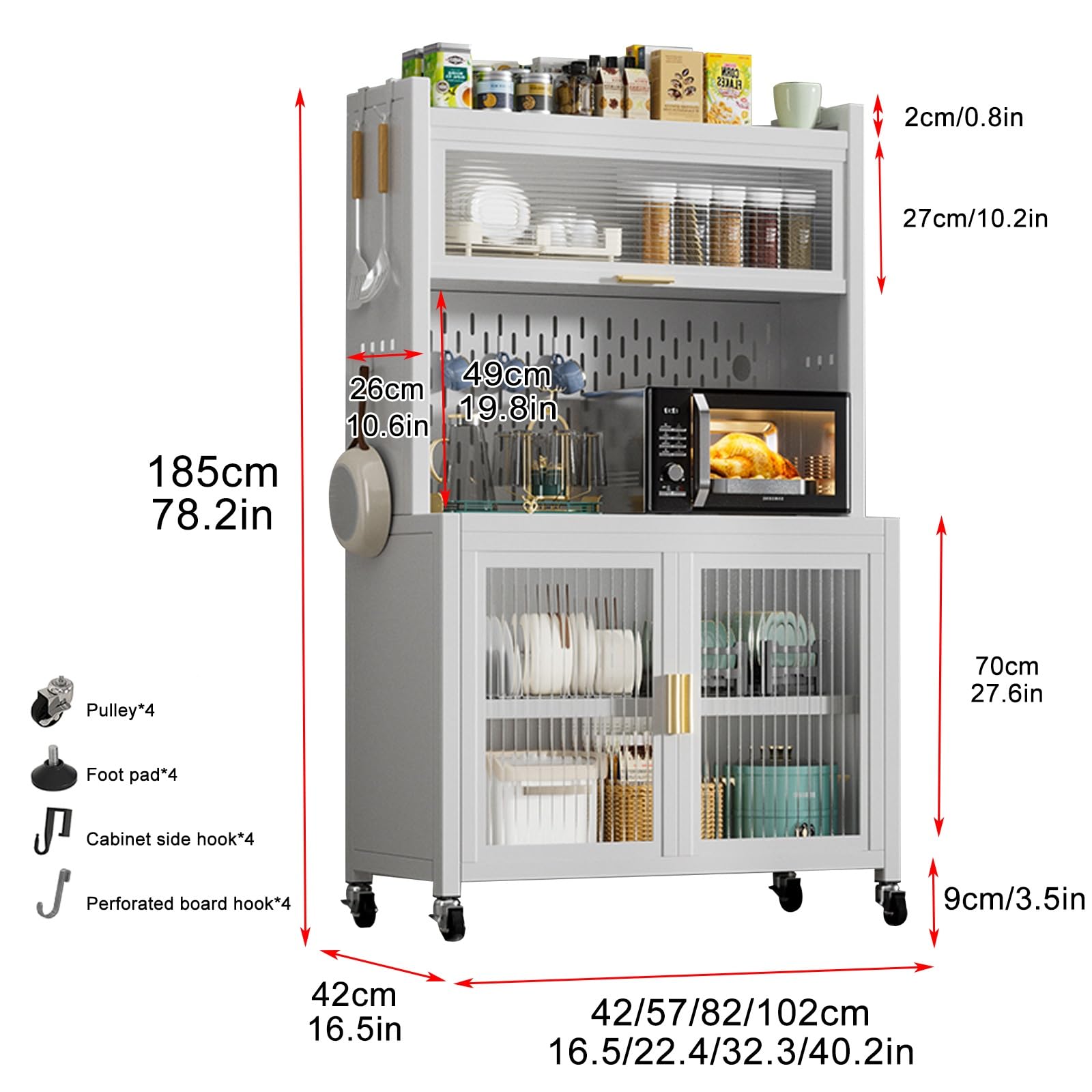5-Tier Kitchen Storage Rack with 8 Hooks & Brakeable Casters - Bread Rack, Coffee Station, Microwave Stand for Dishes, Wine, Pots & Pans - Space-Saving Organizer for Small Kitchens & Apartments (White, 42cm)