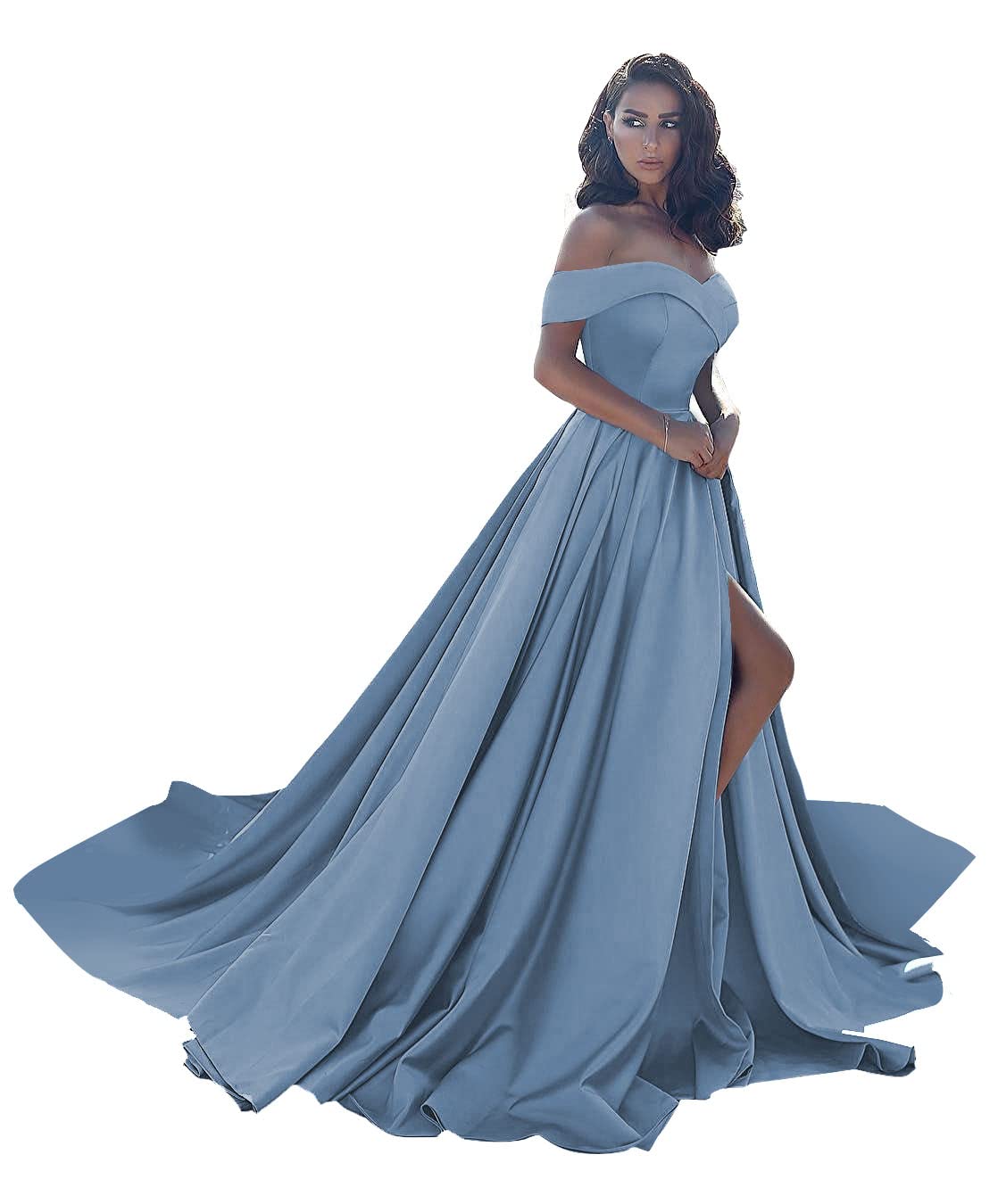 Elegant Off Shoulder Prom Dresses with High Slit - Satin Ball Gown A-Line Formal Evening Gowns for Wedding, Homecoming, Quinceañera & Special Occasions