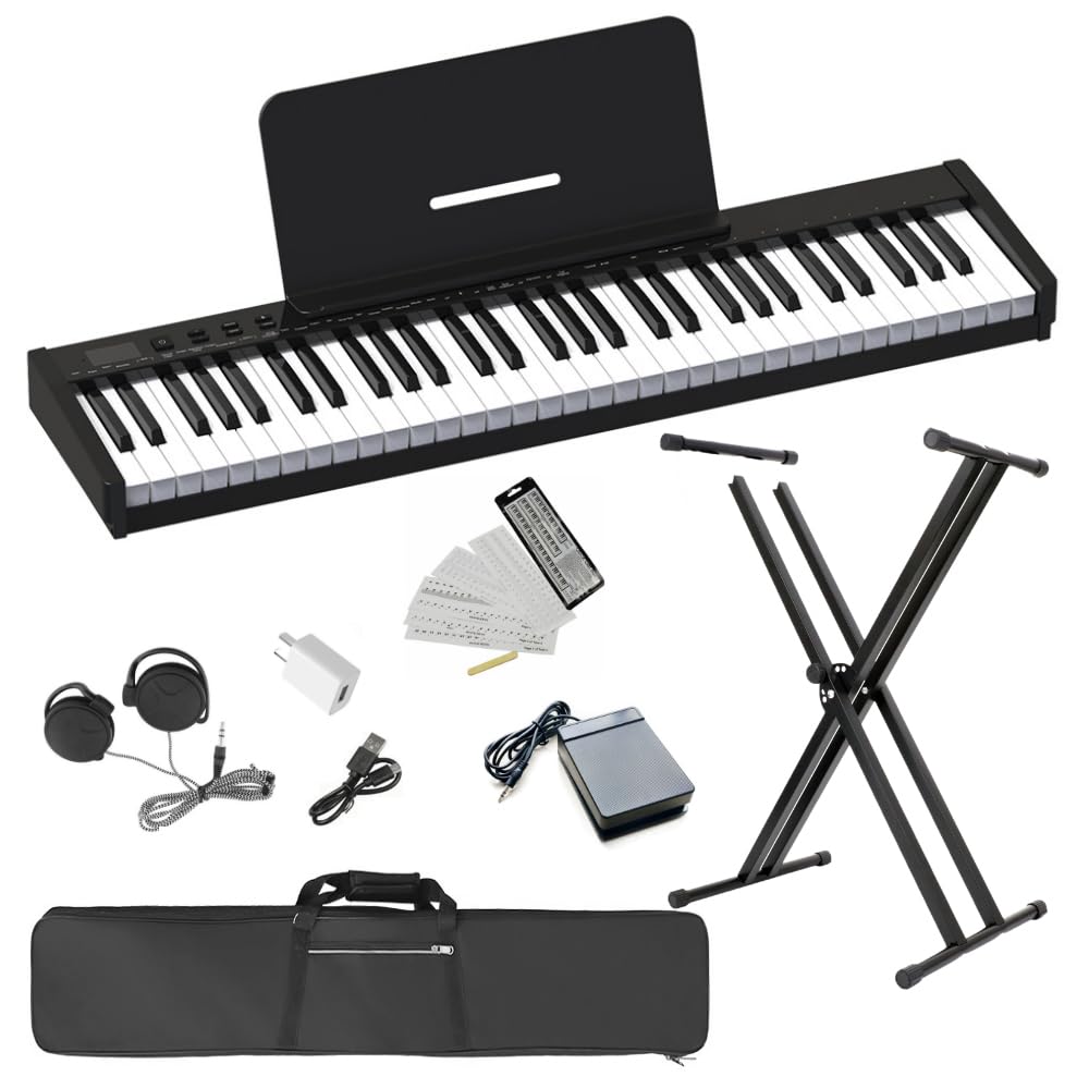 61-Key Semi-Weighted Portable Digital Piano Keyboard with Stand, Headphones & Sustain Pedal - Ideal for Beginners, Home Practice & Live Performances - Includes Carrying Case (Black)