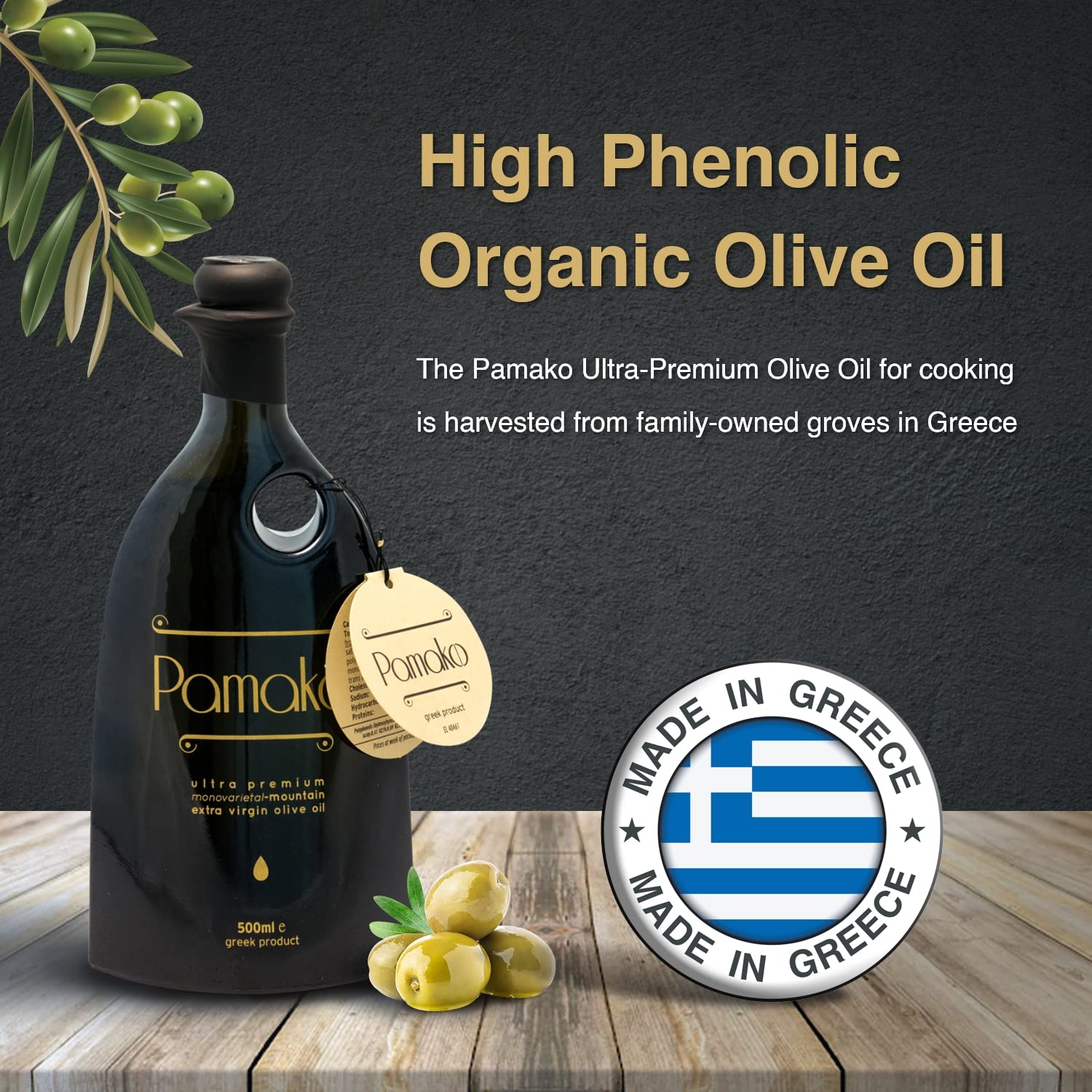 Pamako Ultra-Premium Organic Extra Virgin Olive Oil 500ml - Cold Pressed Monovarietal Greek EVOO (2023 Harvest, 2039mg/kg Polyphenols) - Perfect for Salads, Cooking & Gourmet Dipping