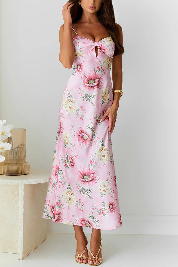 Elegant Satin Floral Print Cutout Bust Midi Dress for Women | Summer Beach Wedding Guest Dress | Perfect for Vacations, Date Nights & Special Occasions