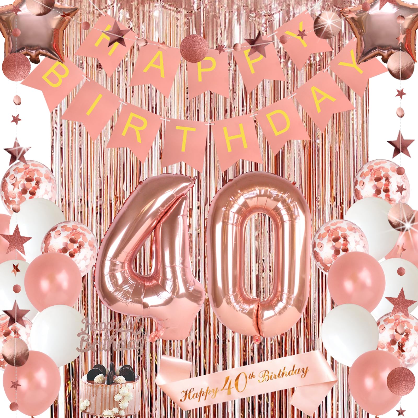 40th Birthday Decorations Set - Happy Birthday Banner, Rose Gold Balloon Numbers, Cake Topper & Curtain Backdrop for Anniversary Party Decor | Perfect for Milestone Celebrations, Photo Booths & Themed Events