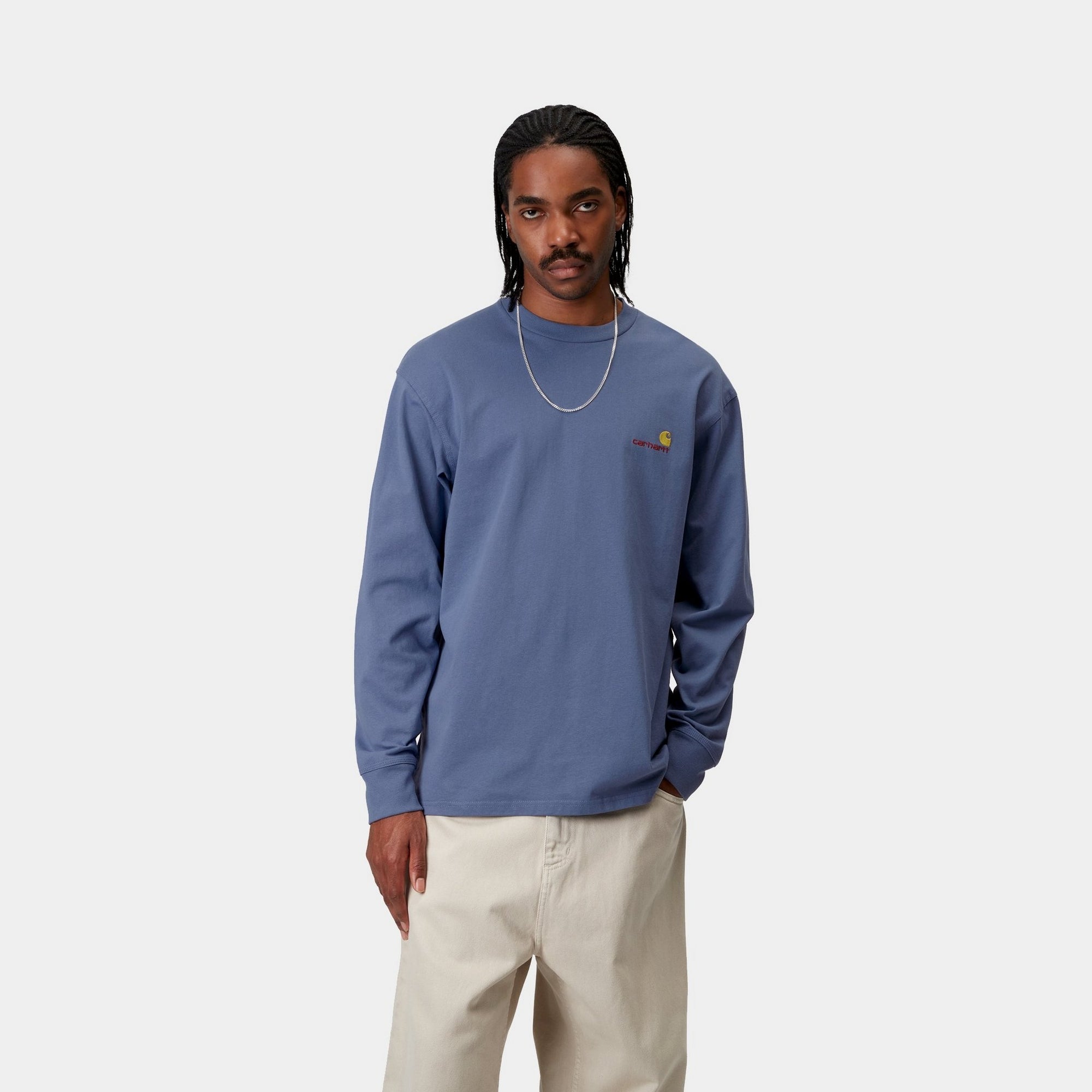 American Script Long Sleeve T-Shirt | Blue Iris Color | Casual Wear for Men & Women | Perfect for Everyday Outfits, Street Style & Layering