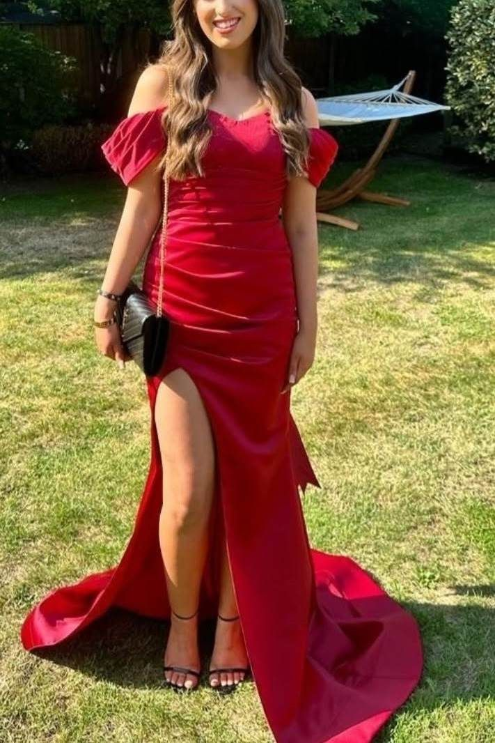 Elegant Off Shoulder Red Satin Mermaid Prom Dress - Formal Evening Gown J6029 for Homecoming, Prom Night & Special Occasions