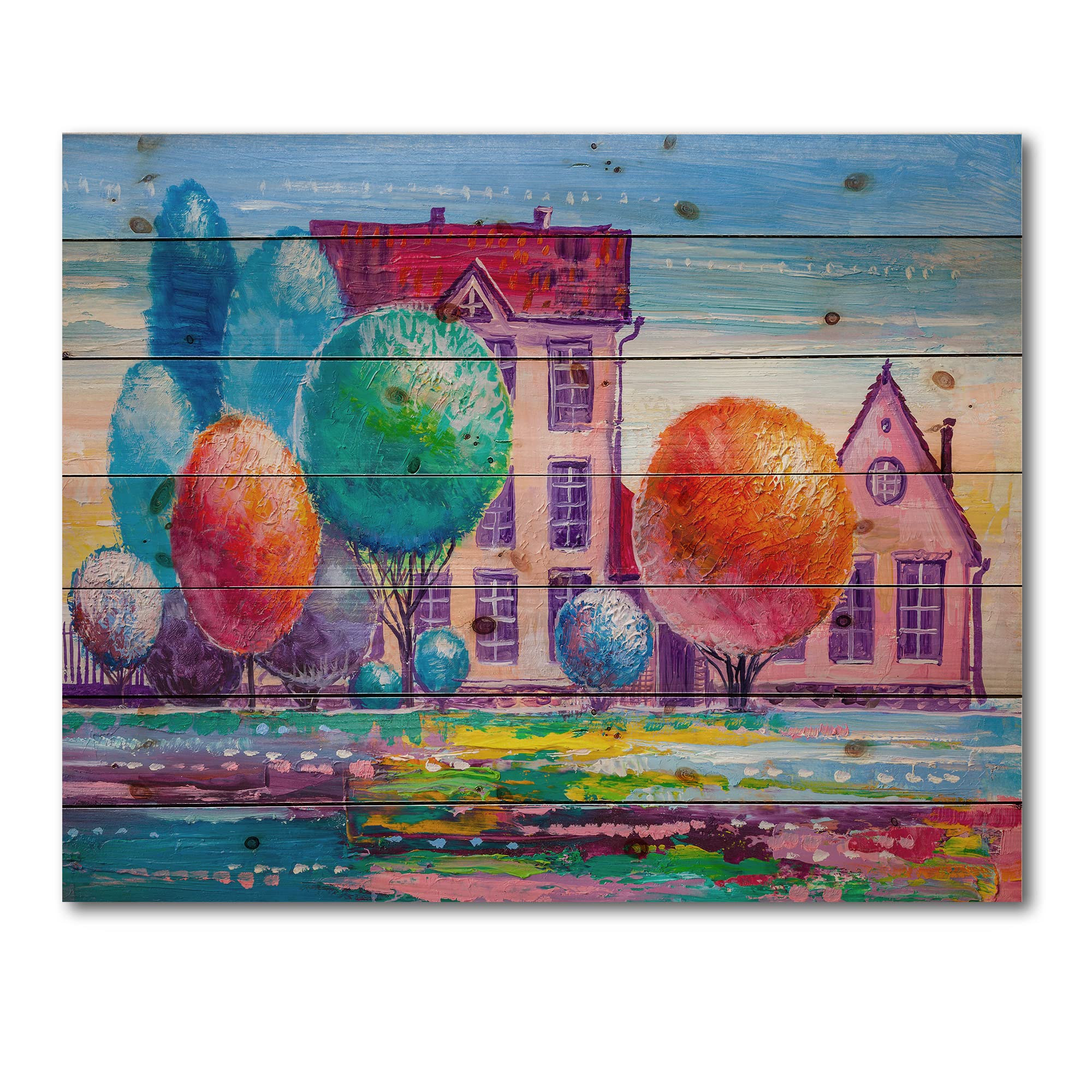 DesignQ Daydream House In The Village Traditional Wood Wall Decor - Red Wood Wall Art, Large Landscape Wood Panels Printed on Natural Pine - Perfect for Living Room, Bedroom & Office Decor