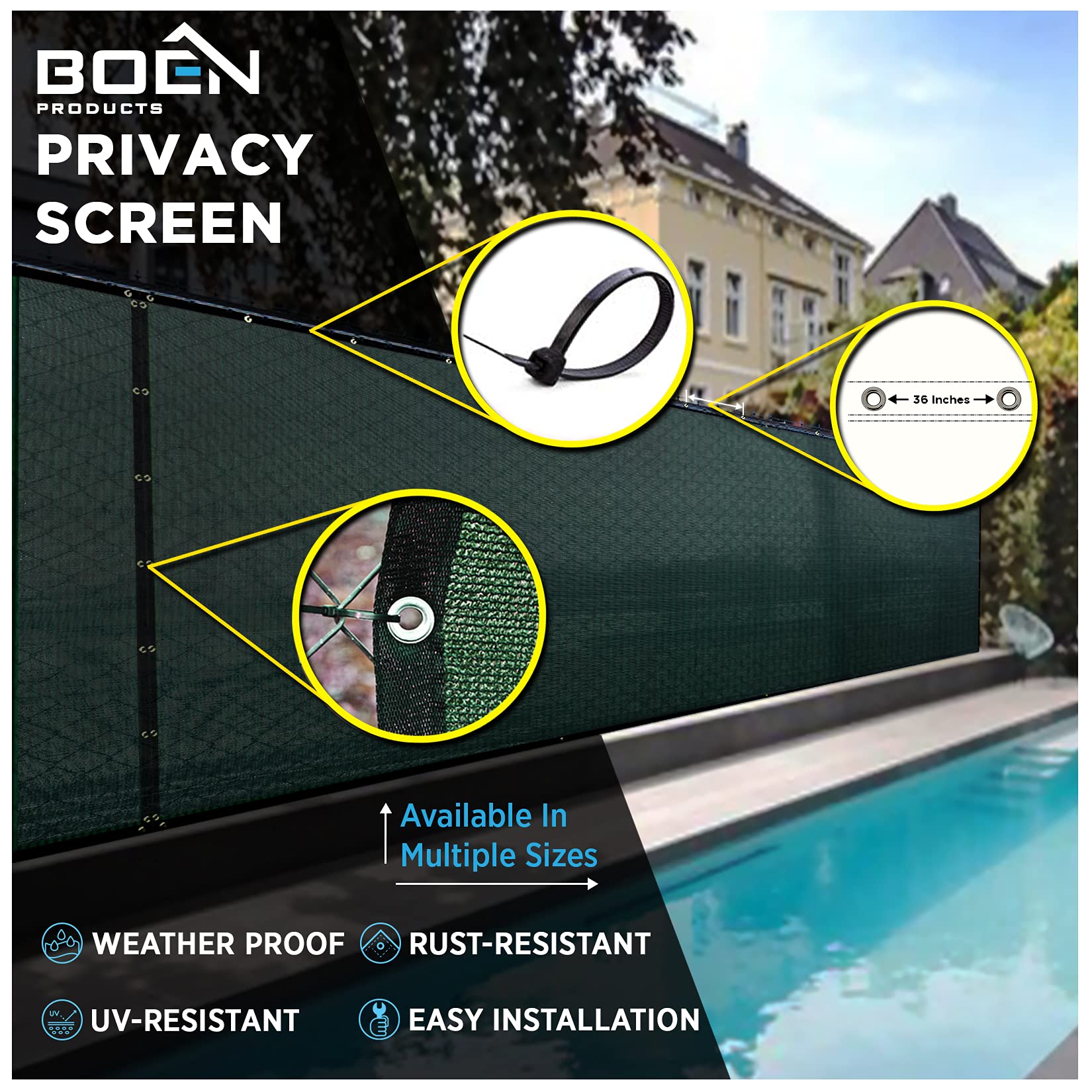 Boen 6' x 25' Green Backyard Privacy Screen Fence Cover - Instant Outdoor Windproof Shade Solution for Metal, Chain Link, Wood & Plastic Fences - Perfect for Patio, Deck, Pool Area & Garden Privacy Protection