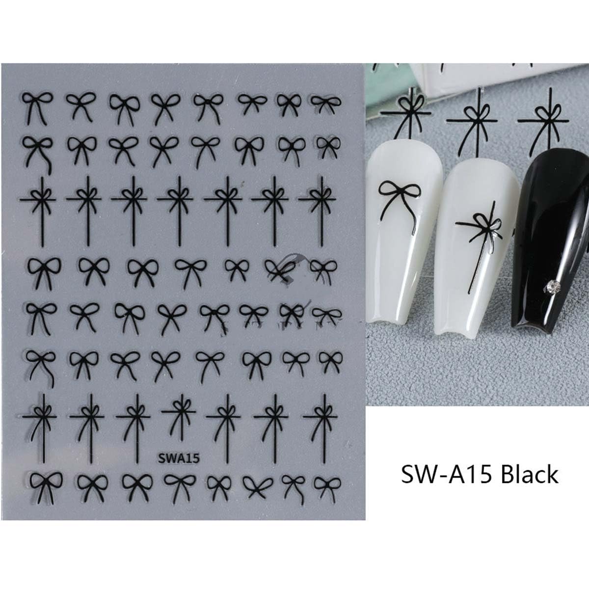 8 Sheets 3D Self-Adhesive Bow Nail Stickers - Black, White, Red & Gold Aurora Designs for Nail Art | Manicure Decorations for Women & Girls | Perfect for Parties, Weddings, Holidays and Everyday Nail Designs