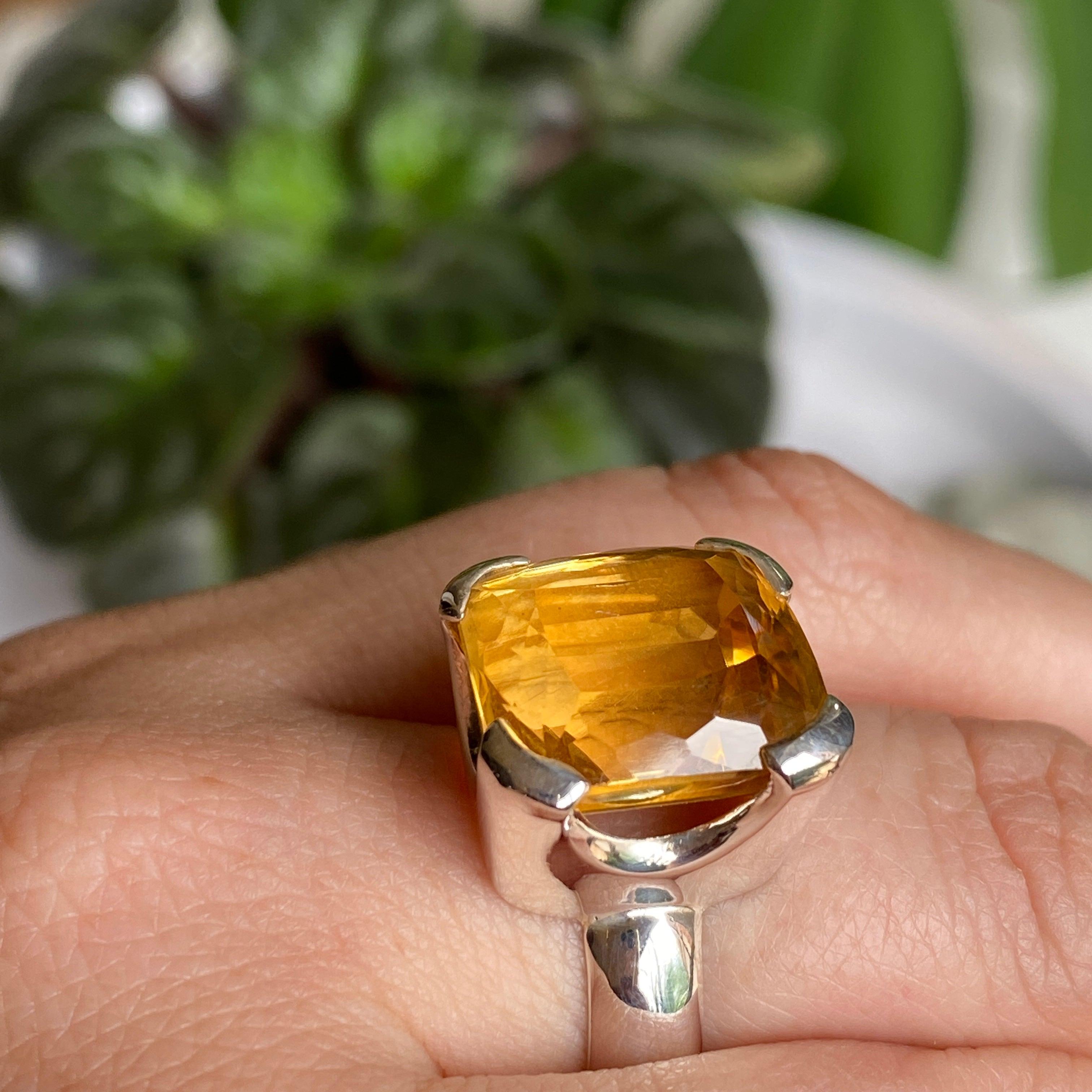 Natural Citrine Gemstone Rectangular Faceted Ring - Size 8, KRGJ2150 - Elegant Jewelry for Women, Perfect for Weddings, Parties & Everyday Wear