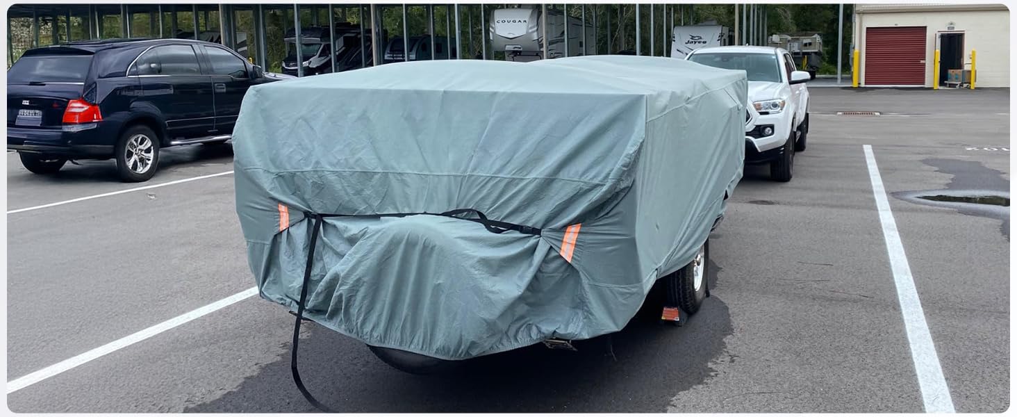 Tuszom 7-Layer Waterproof Pop Up Camper Cover - Heavy Duty RV Trailer Cover for Winter Snow Protection | Windproof with 5+2 Reinforced Straps | 10'-12' Folding Camping Cover (7-Layer Non-Woven Fabric) | Perfect for Outdoor Storage & Seasonal Vehicle Protection