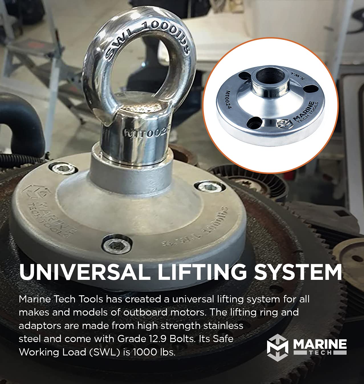 Marine Tech Tools Mercury Verado Lifting Adapter (AMT0024) - Compatible with Verado Flywheels & Universal Lifting Ring (AMT0022) - Heavy Duty Outboard Motor Tools for Boat Engine Maintenance and Repair