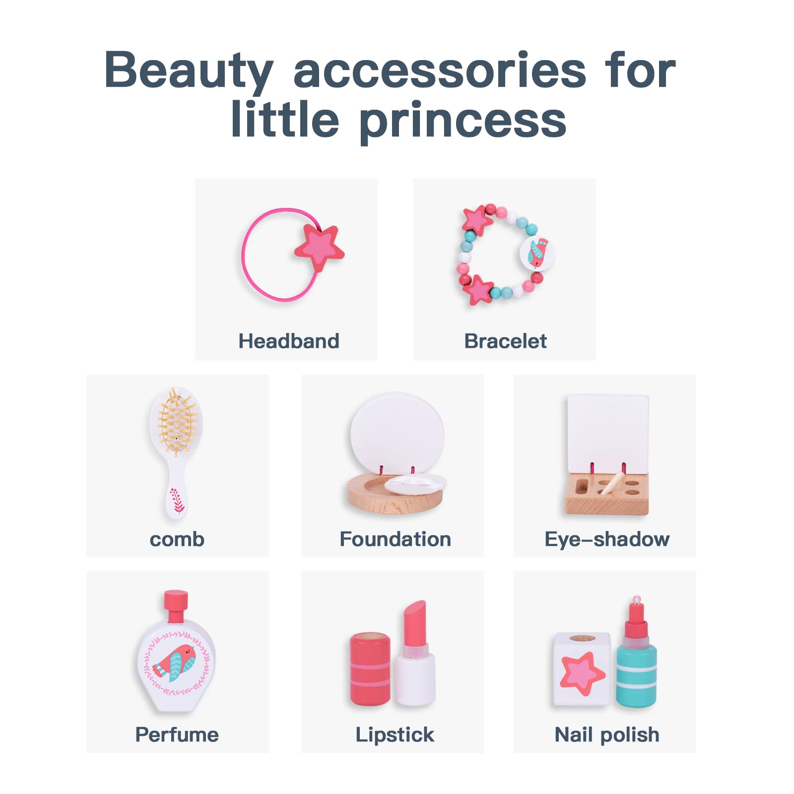 Tookyland Princess Vanity Toy Set for Toddlers - Wooden Makeup Table with Mirror & Accessories for Girls' Pretend Play