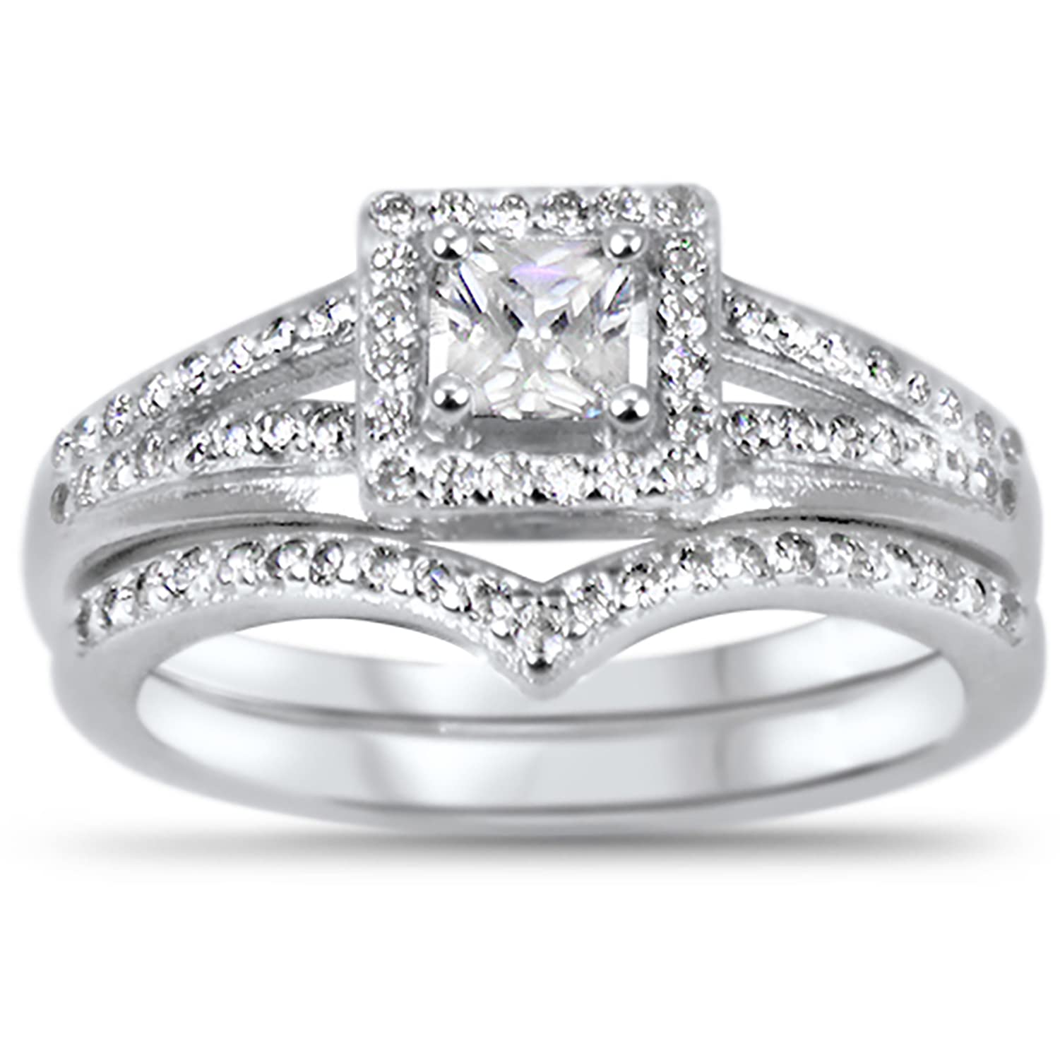 Princess Cut Sterling Silver CZ Wedding Band & Engagement Ring Set for Women – Perfect for Bridal, Proposal & Anniversary Gifts