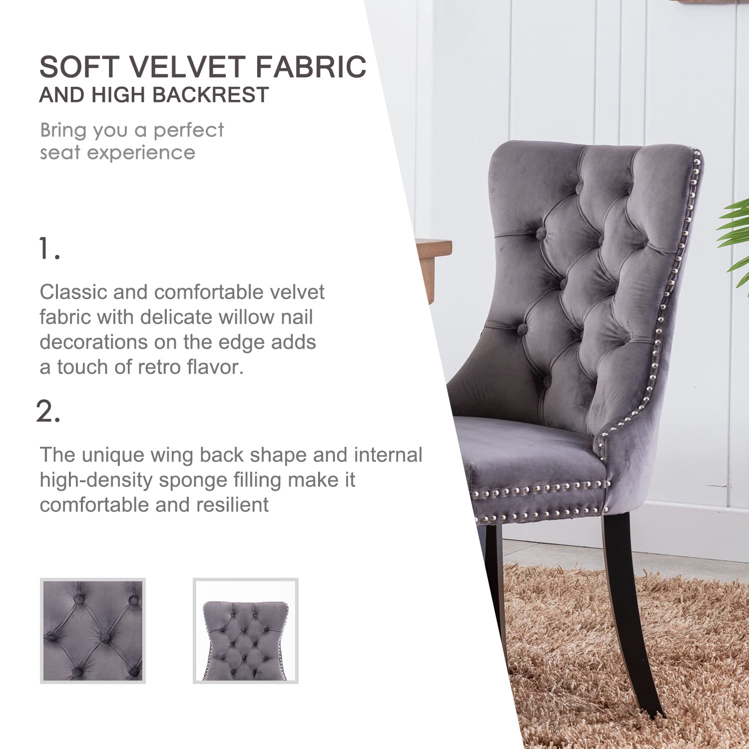 Luxury Velvet Dining Chairs Set of 2 - Tufted Button Back Upholstered Chairs with Nailhead Trim for Kitchen, Bedroom, Restaurant - Elegant Grey Accent Seating for Modern Home Decor & Fine Dining Experience