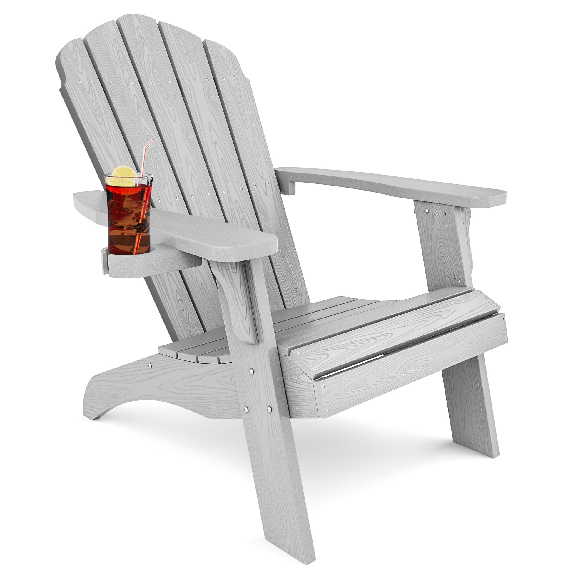 YEFU Oversized Plastic Adirondack Chair with Cup Holder - Heavy Duty Weather-Resistant Poly Lumber Outdoor Furniture for Patio, Lawn, Deck, Garden - Grey | Perfect for Relaxing, Sunbathing & Outdoor Entertaining