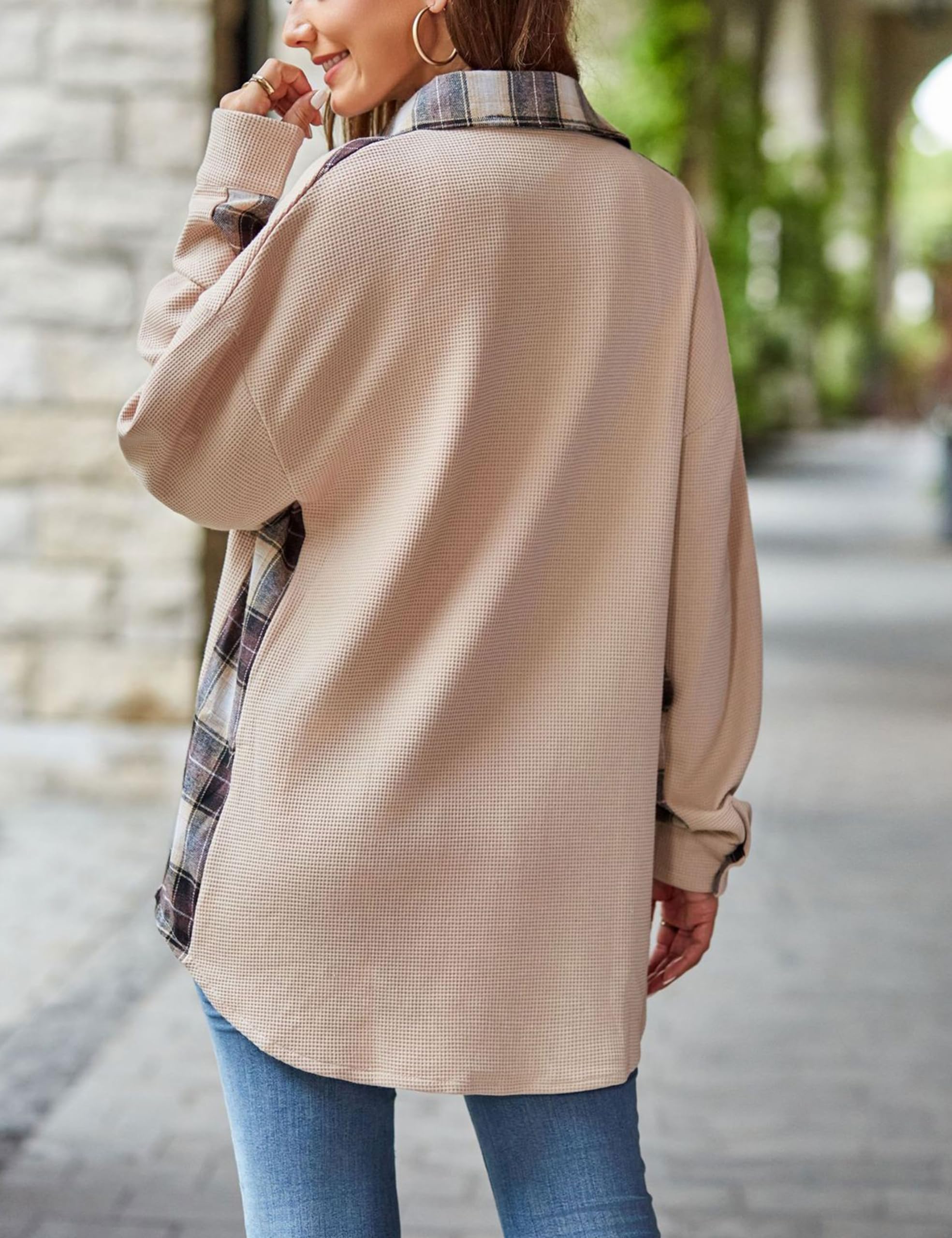 Bozanly Women's Waffle Knit Plaid Patchwork Shirt - Loose Button Down Shacket Jacket Top for Casual Wear, Lounge & Fall Outfits