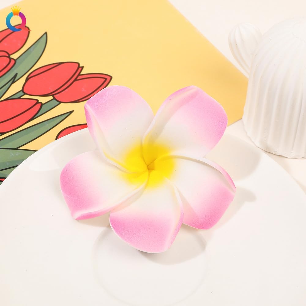 2 Pcs 7Cm White and Pink Hawaiian Frangipani Plumeria Hair Clips - Foam Flower Hair Barrettes for Women, Girls - Perfect for Beach Parties, Weddings, Summer Vacations & Tropical Themed Events