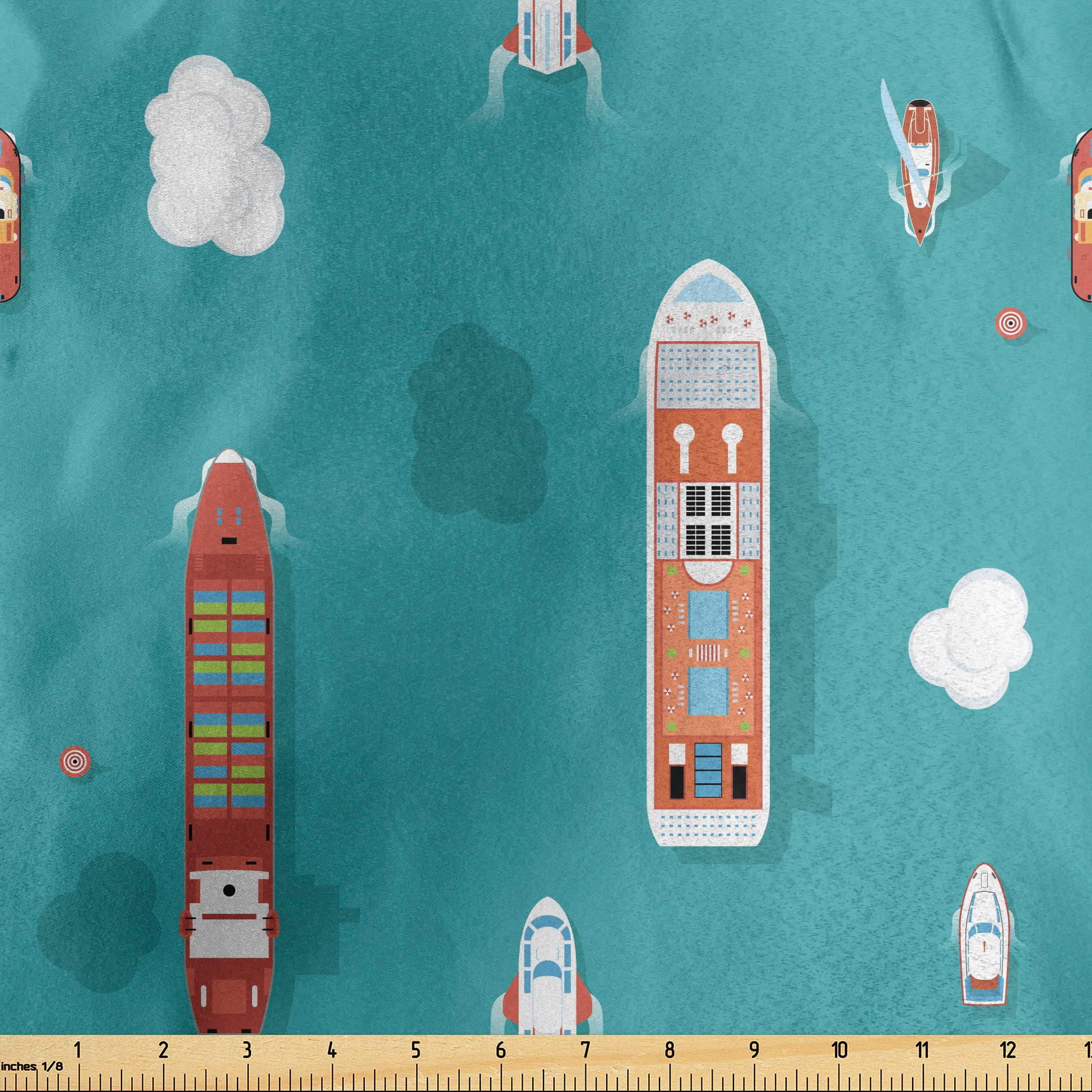 Ambesonne Cruise Ship Fabric by The Yard - Top View Ocean Ships, Yachts & Boat Transport Illustration - Decorative Satin Fabric for Home Textiles & Crafts (10 Yards, Coral Teal) - Perfect for Curtains, Pillows & DIY Projects
