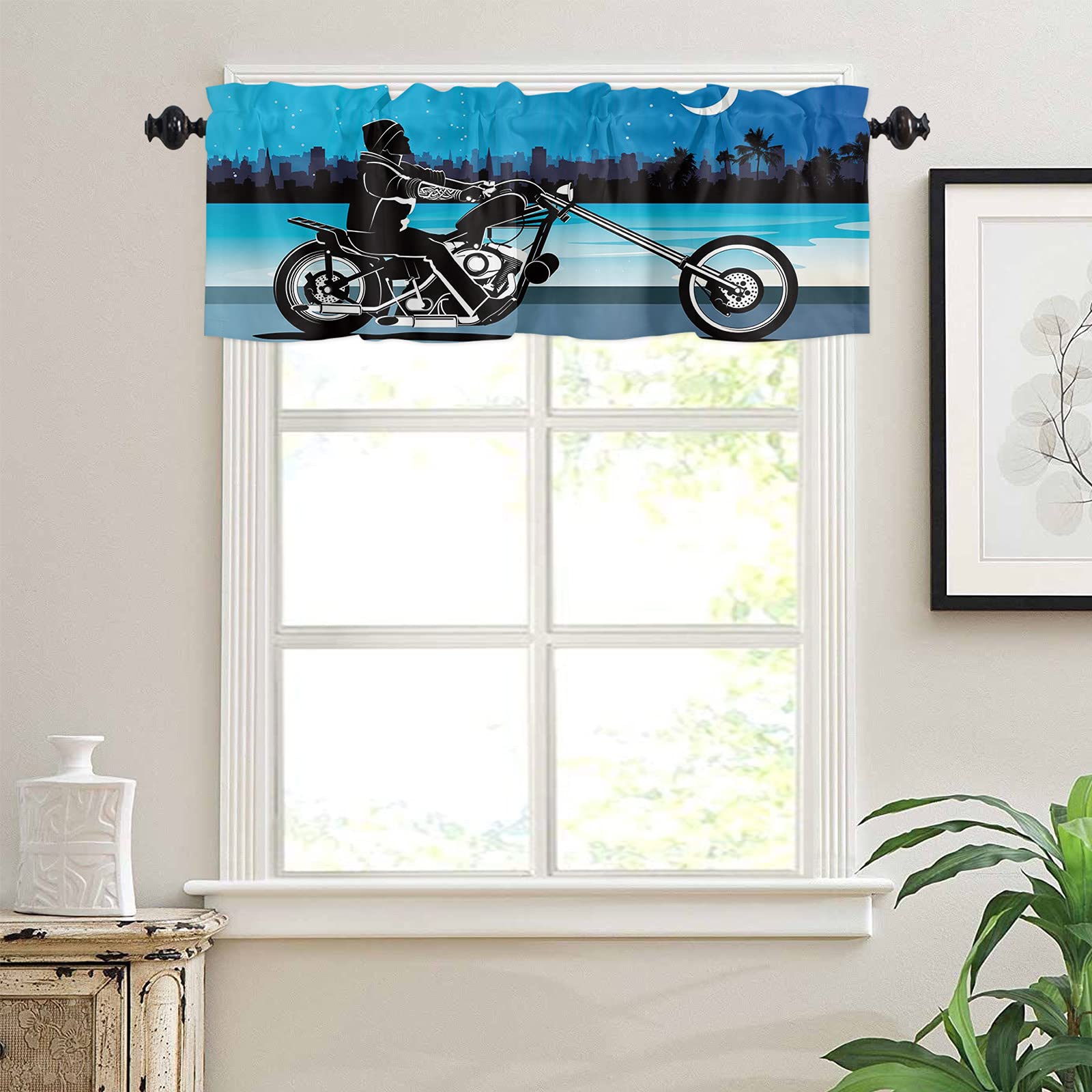 Motorcycles Drive by the Beach at Night Window Valance Curtain - 54x18 Inch Rod Pocket Valance Panel for Living Room, Bedroom, Bathroom & Kitchen - Perfect for Small Windows & Coastal Decor