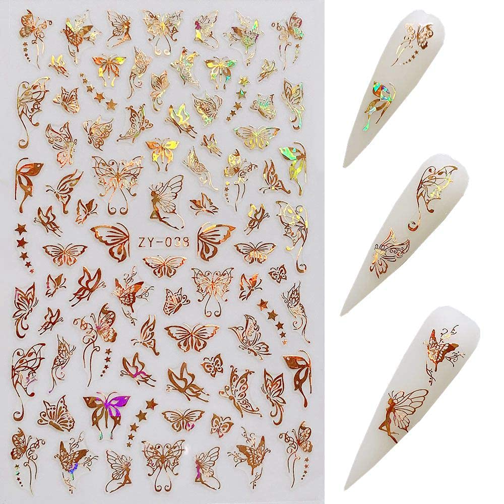 3D Luxury Butterfly Nail Art Stickers - Gold Laser Design Nail Decals for Acrylic Nails (8 Sheets) | DIY Manicure, Nail Salon Supplies, Party & Wedding Nail Art Accessories