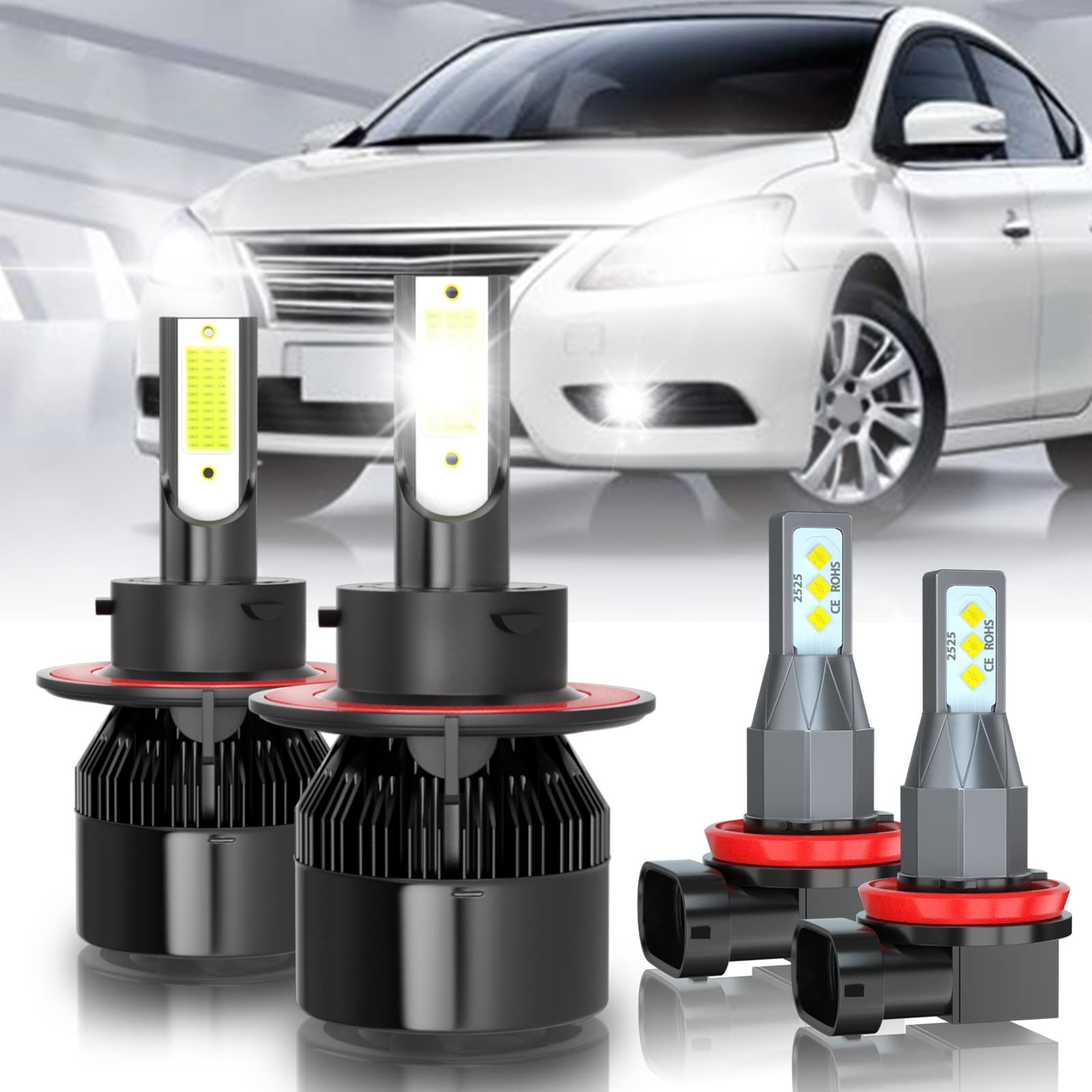 **2004-2012 Nissan Sentra LED Headlight Bulbs Kit - 9008 High/Low Beam & H11 Fog Lights - 60W 10000LM 6000K Xenon White Super Bright - Plug & Play (Pack of 4) - Perfect for Night Driving & Enhanced Visibility**