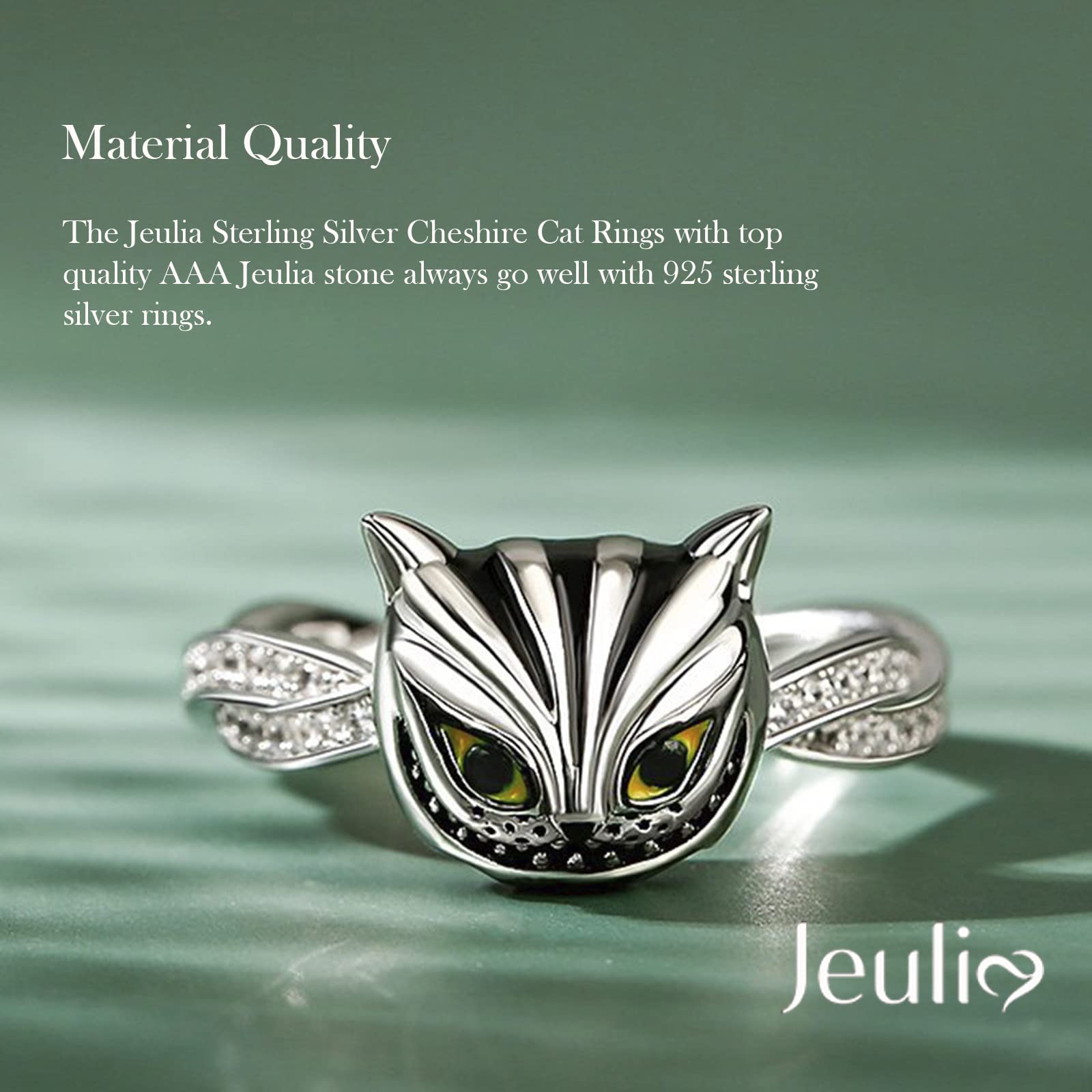 Jeulia Sterling Silver Cheshire Cat Rings for Women - Enamel Handmade Diamond Rings with White & Black Cubic Zirconia - Bridal Set, Wedding, Anniversary, Engagement Promise Rings - Perfect Gift with Jewelry Box for Alice in Wonderland Fans & Fantasy Lovers