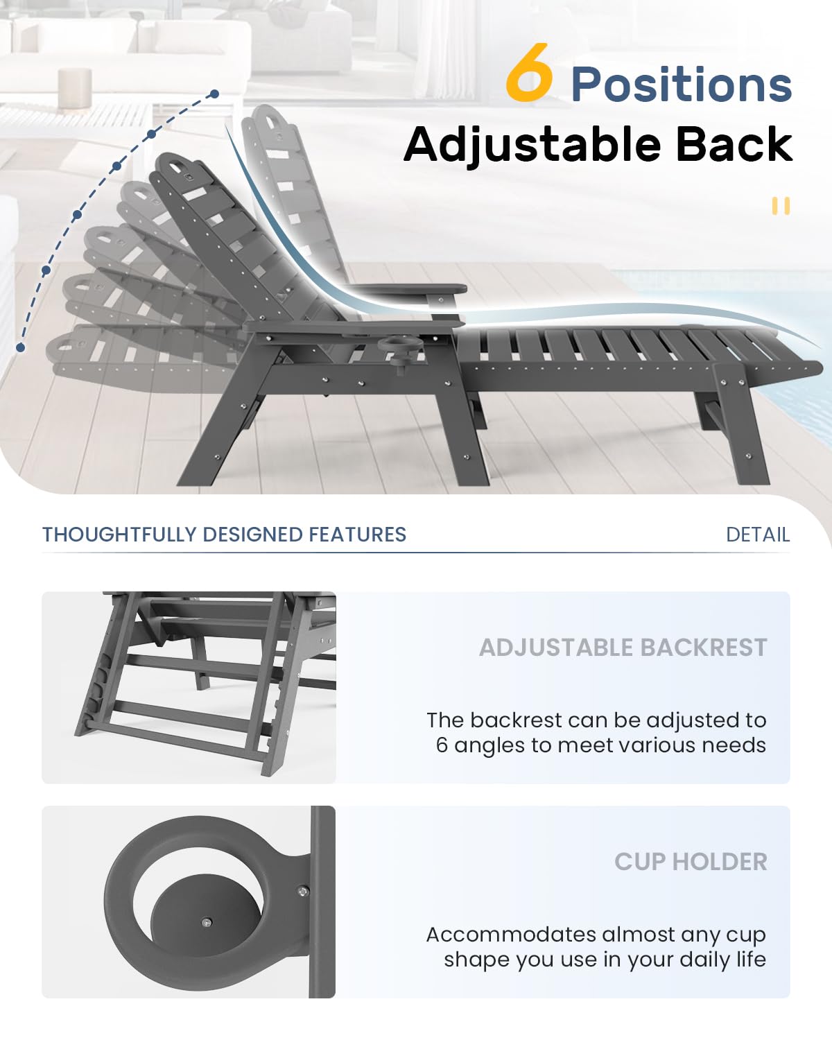 **Outdoor Chaise Lounge Chair with 6 Adjustable Positions, HDPE Patio Lounge Chair with Cup Holder - Perfect for Poolside, Deck, Backyard, and Lawn (Grey)**