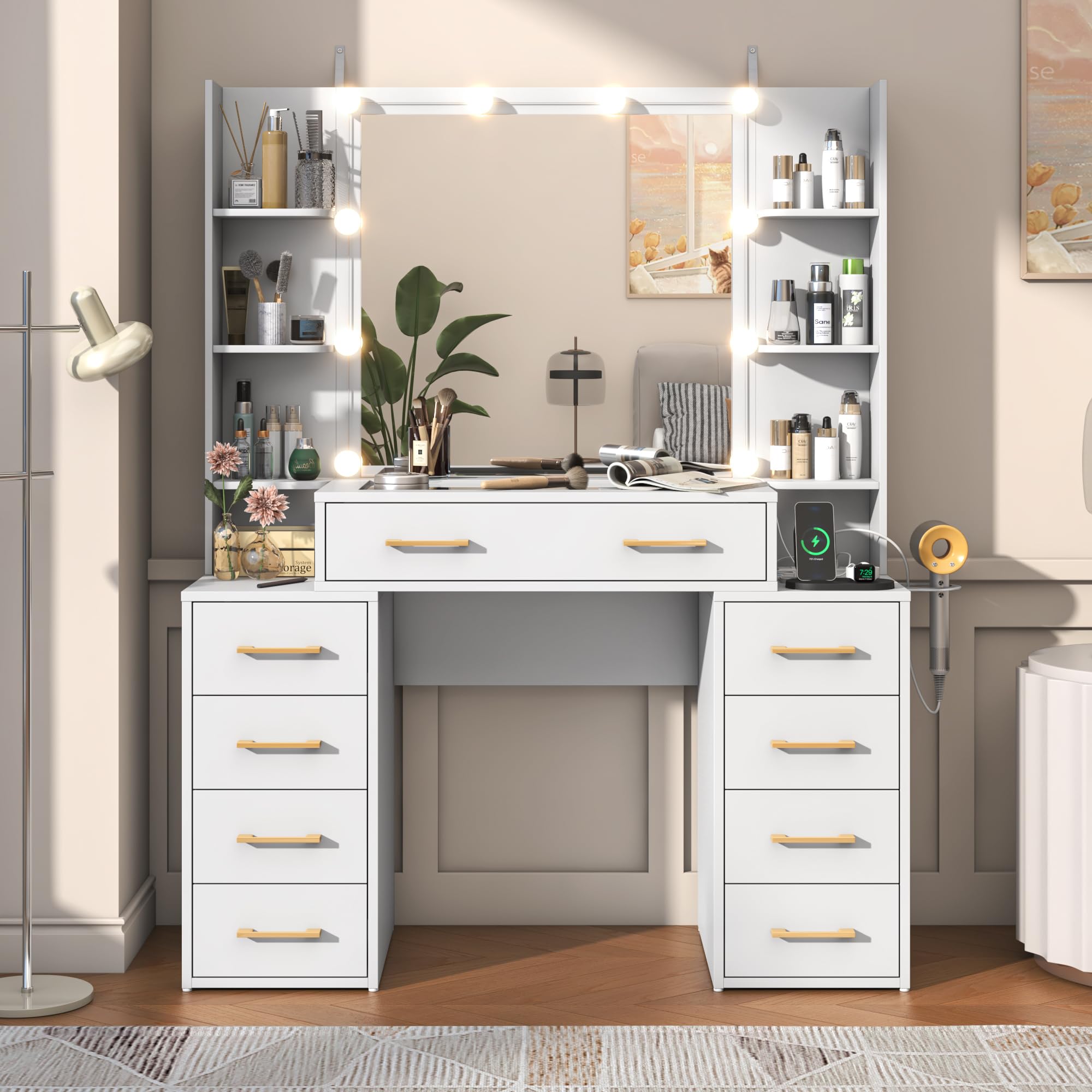 Modern White Glass Top Vanity Desk with LED Lights & Mirror - Large Makeup Dressing Table with Charging Station, 9 Drawers & 6 Shelves for Storage - Perfect for Bedroom, Dressing Room & Home Salon Organization