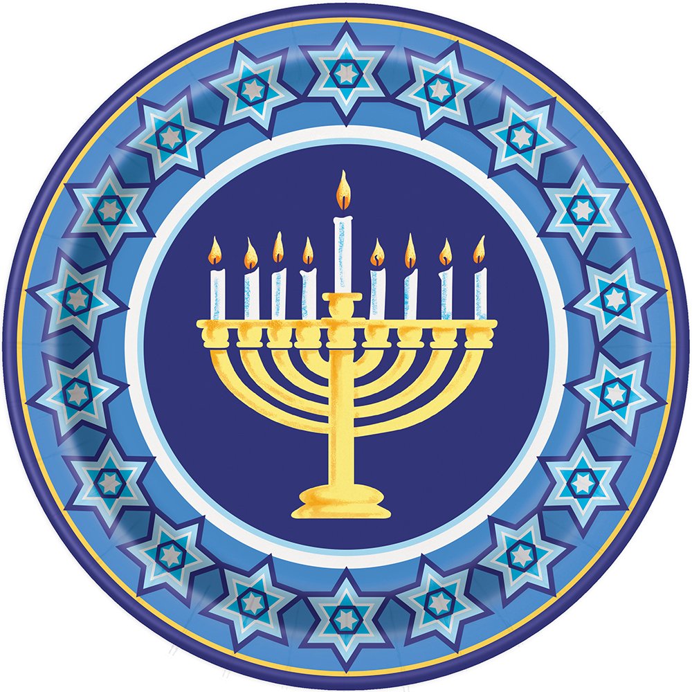 Happy Hanukkah Round Dinner Plates Set of 8 - 9 Inch Festive Judaica Tableware for Holiday Celebrations, Family Gatherings & Jewish Traditions