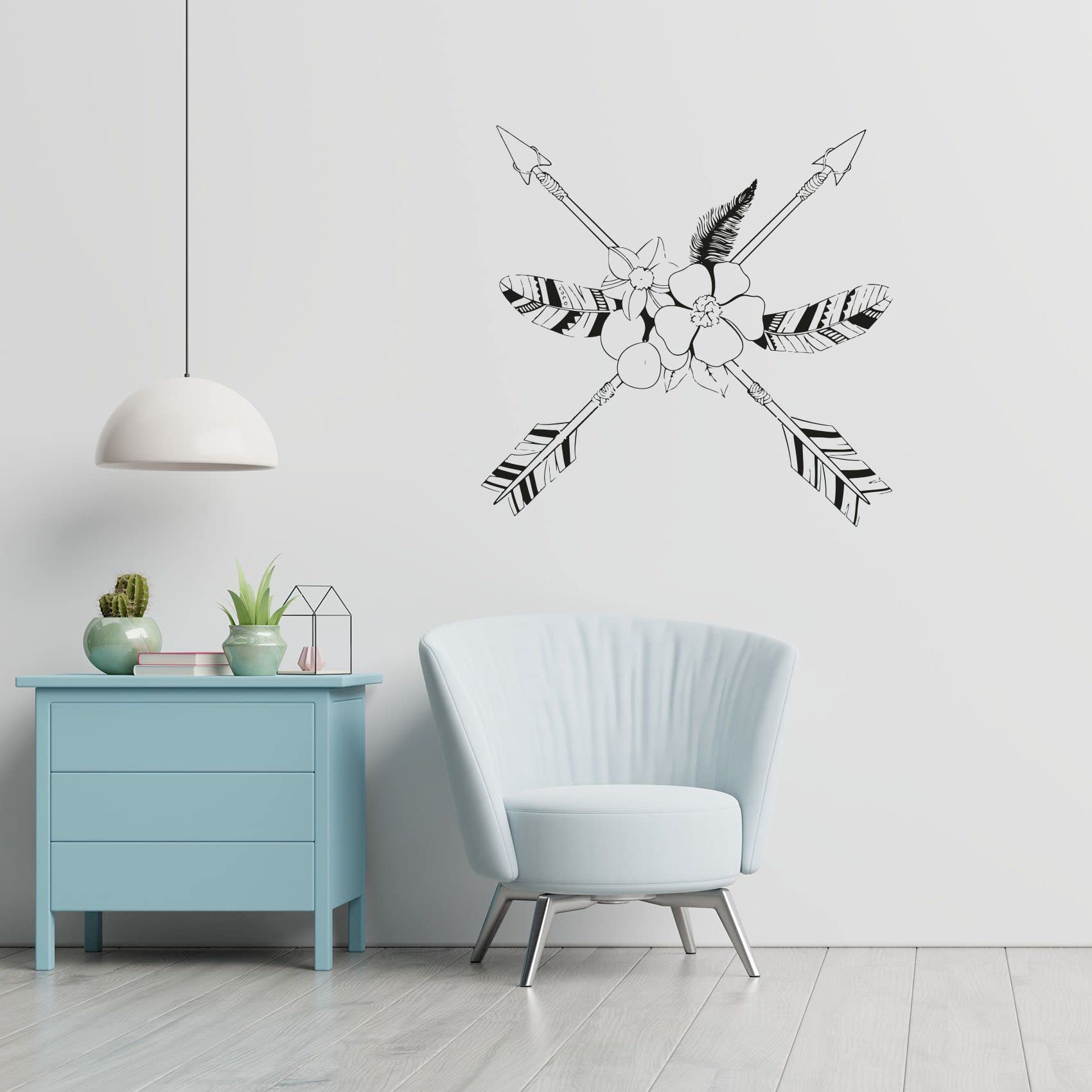 Bohemian Arrow Feather Flower Wall Decal - Modern Abstract Vinyl Sticker Art for Kids Room, Nursery, Bedroom Decor (30x40 Inch) - Perfect for Boho, Farmhouse & Gender-Neutral Home Decor