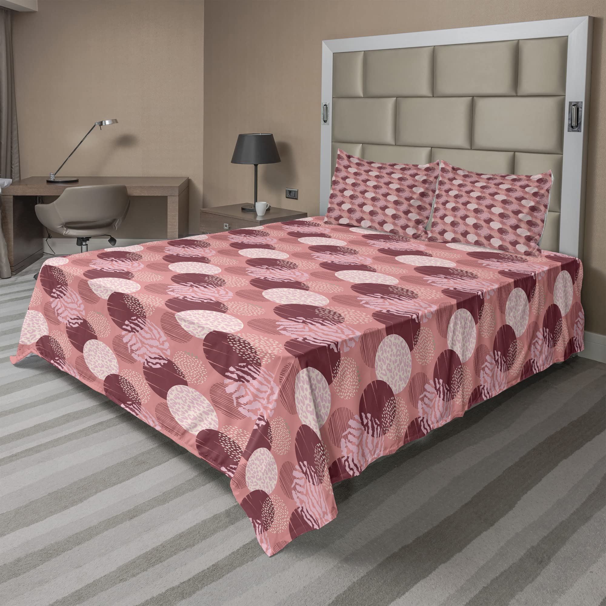 Ambesonne Abstract King Size 4-Piece Sheet Set - Round Motifs with Stripes, Polka Dots & Animal Prints - Fitted & Flat Sheets with Pillowcases - Pale Maroon Coral Bedding | Perfect for Modern Bedrooms, Guest Rooms & Dorm Decor