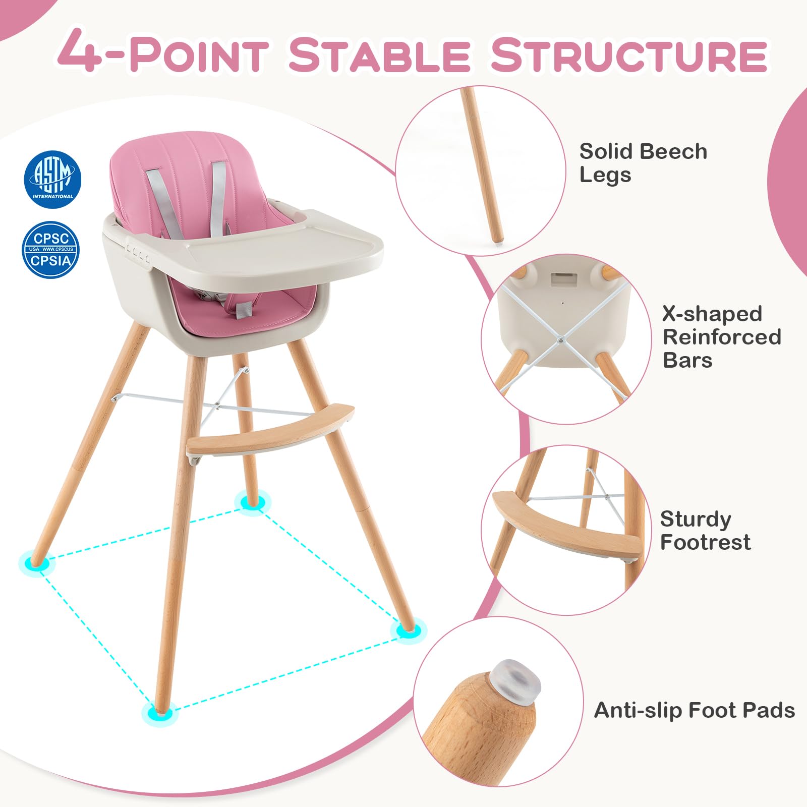 KOTEK 3-in-1 Convertible Wooden High Chair for Babies & Toddlers - Adjustable Height, 3-Position Food Tray, 5-Point Safety Harness with PU Cushion & Footrest - Pink Baby Dining Chair for Home, Restaurant & Daycare Use