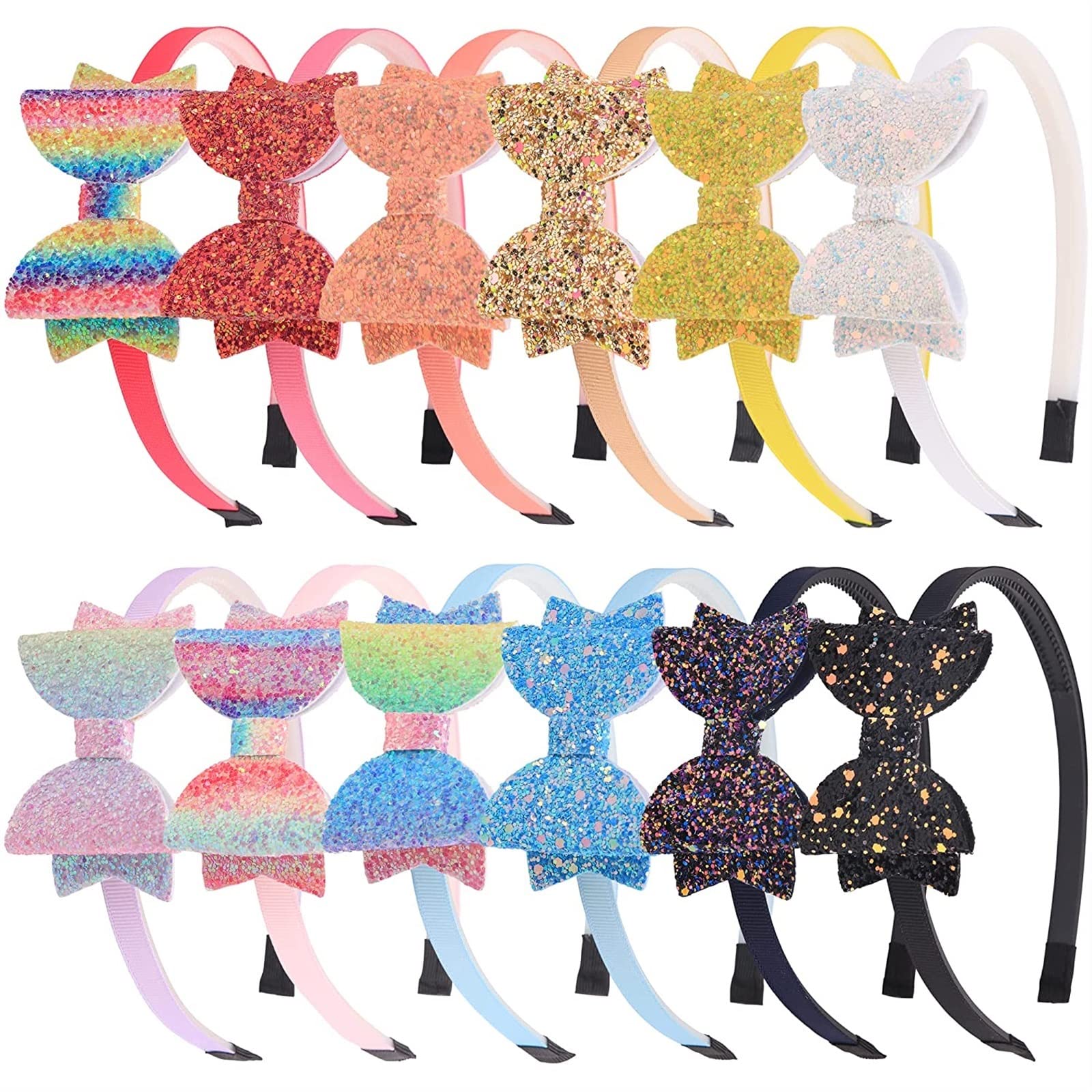 Sparkly Sequin Glitter Hair Bows for Girls - 12 Pack Mix Color Headbands for Kids, School, Parties & Special Occasions | Cute Hair Accessories for Toddlers & Children