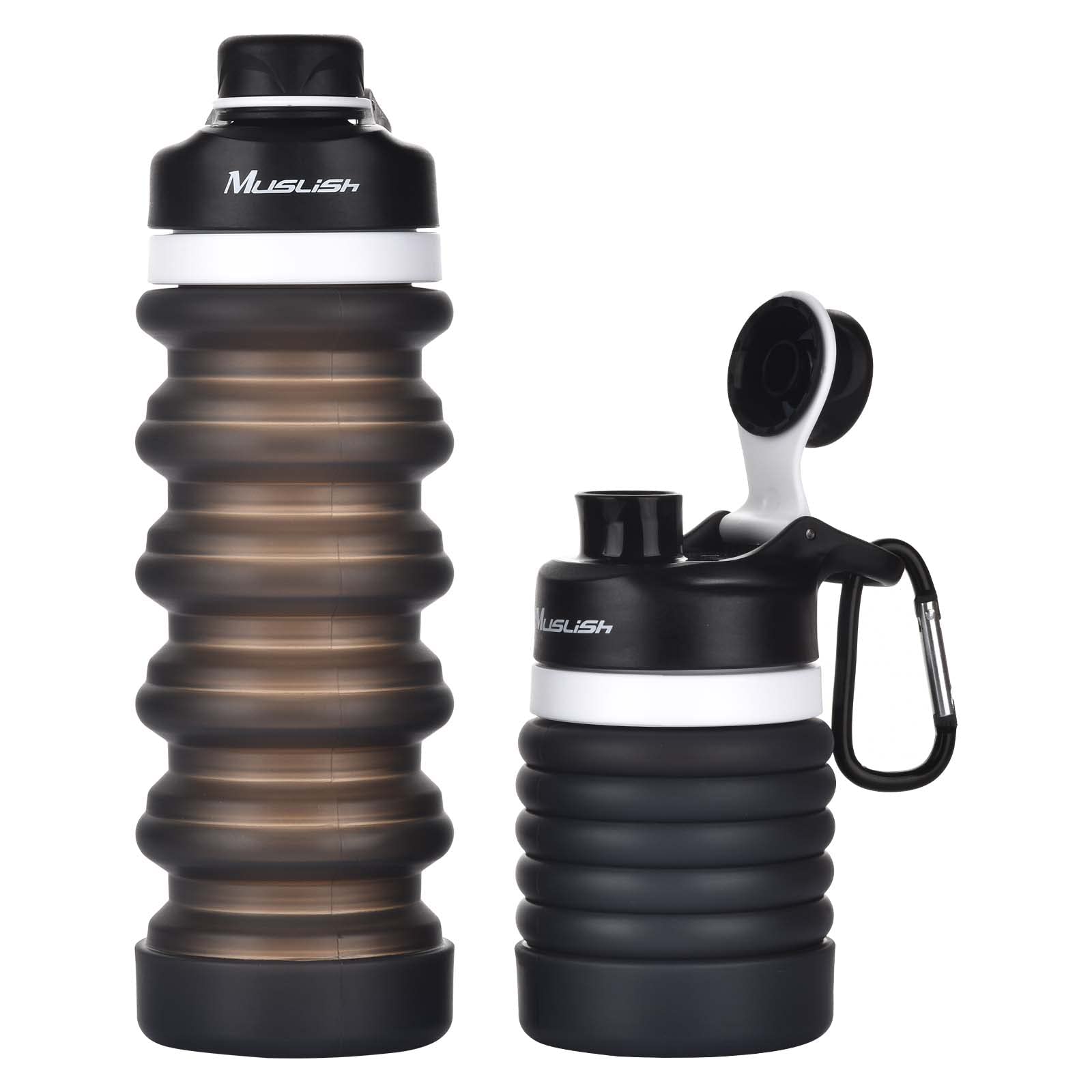 **Muslish 18oz (550ml) Collapsible Water Bottle - BPA Free Silicone, Foldable & Leak Proof - Portable Reusable Sports Water Bottle with Carabiner for Travel, Gym, Camping, Hiking (Charcoal Gray) - Stay Hydrated On-The-Go**