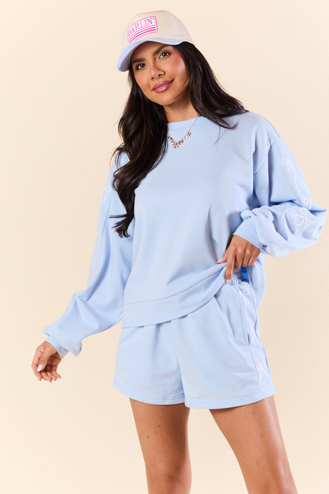 Light Blue Bow Crewneck Long Sleeve Sweatshirt for Women - Soft Casual Pullover Top for Everyday Wear | Perfect for Outfits, Dates & Cozy Loungewear