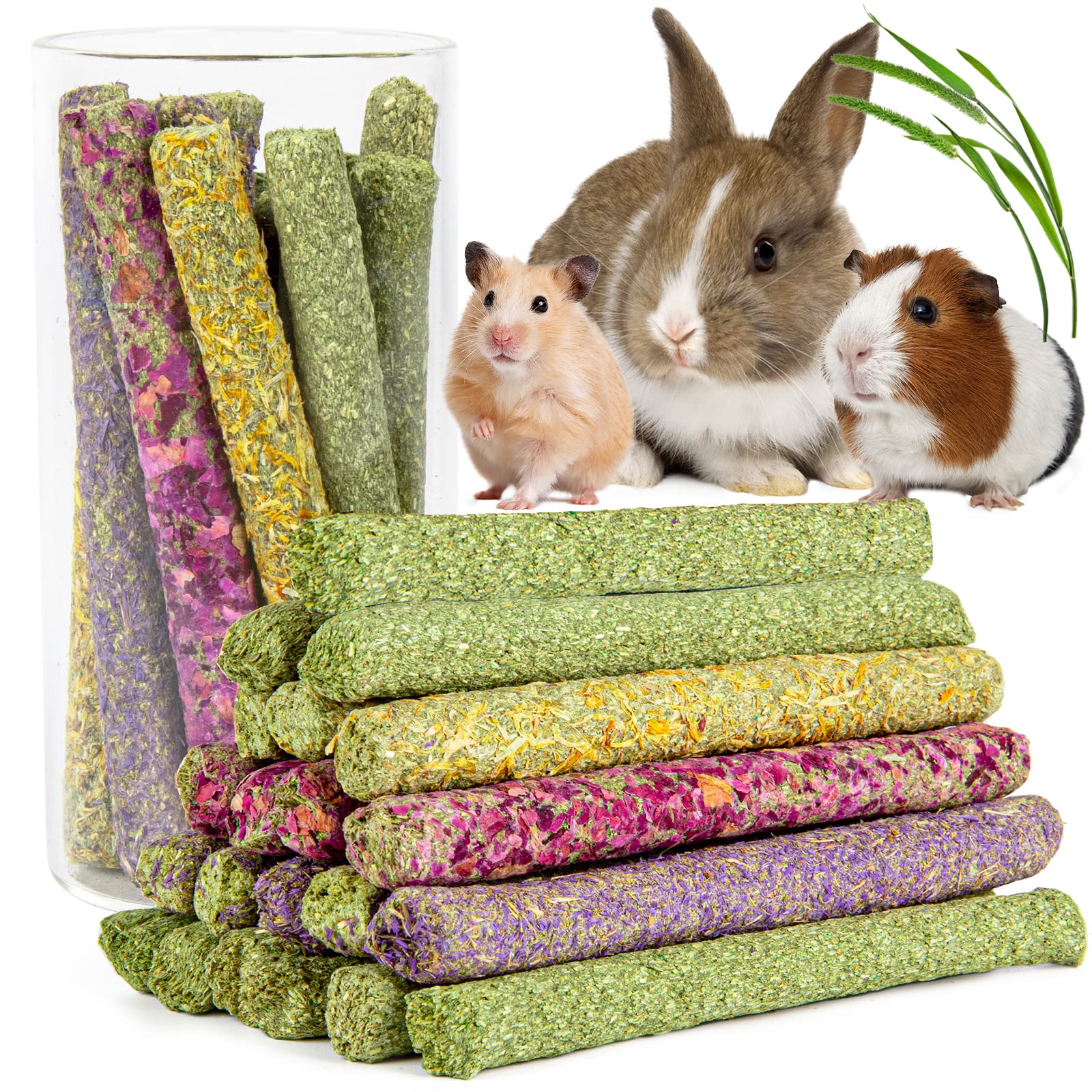 Sofier 44Pcs Natural Timothy Hay Sticks - Handmade Rabbit Chews & Treats for Teeth, Bunny, Guinea Pig, Chinchilla, Rat, Hamster, Gerbil | Small Pet Toys for Chewing & Dental Health | Perfect for Cage Enrichment & Playtime Activities